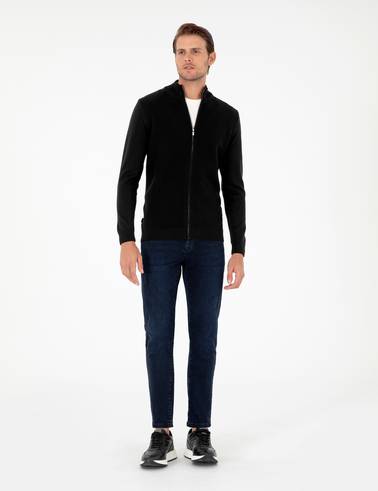 Siyah Slim Fit Fermuarlı Triko Hırka