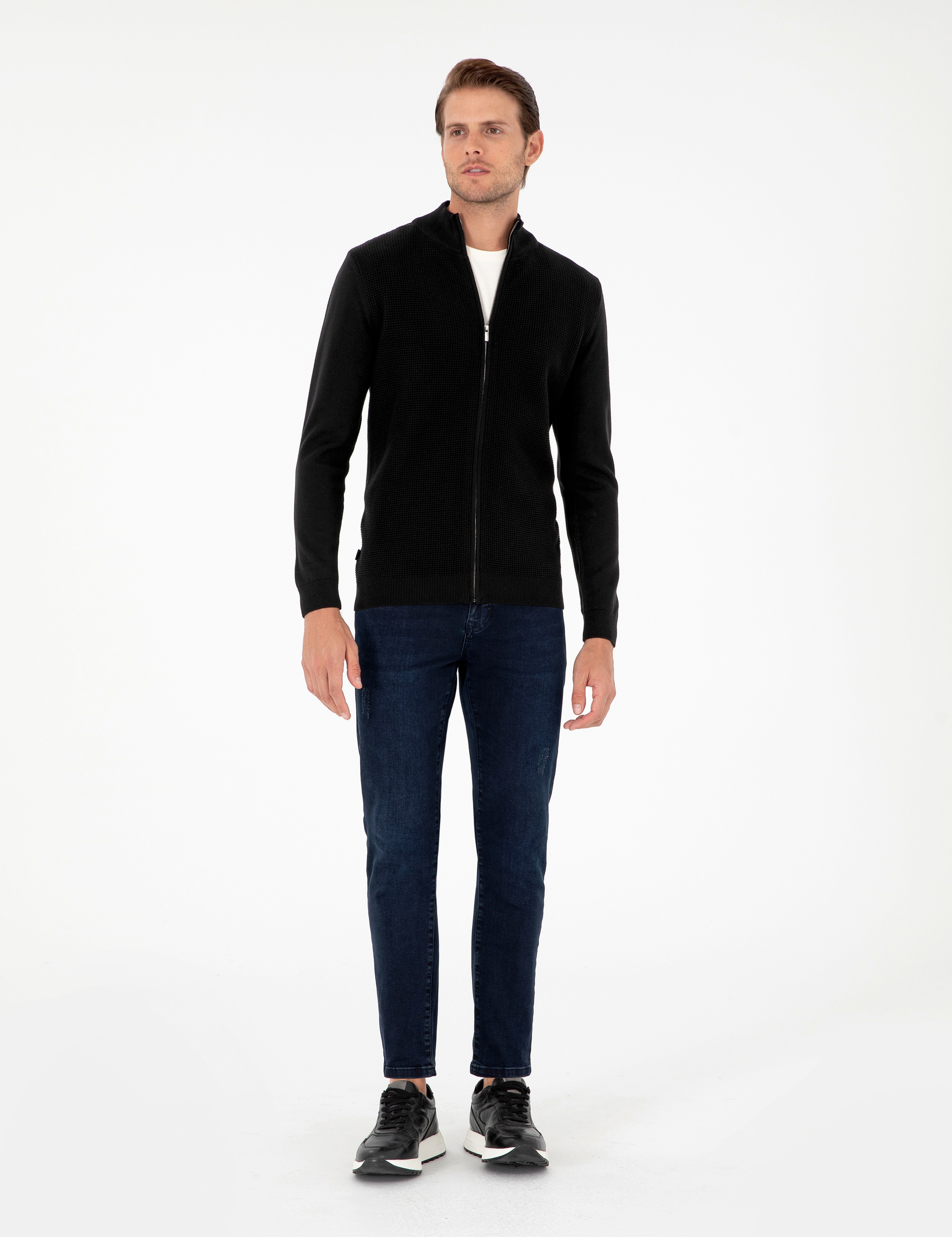Siyah Slim Fit Fermuarlı Triko Hırka - Image 4
