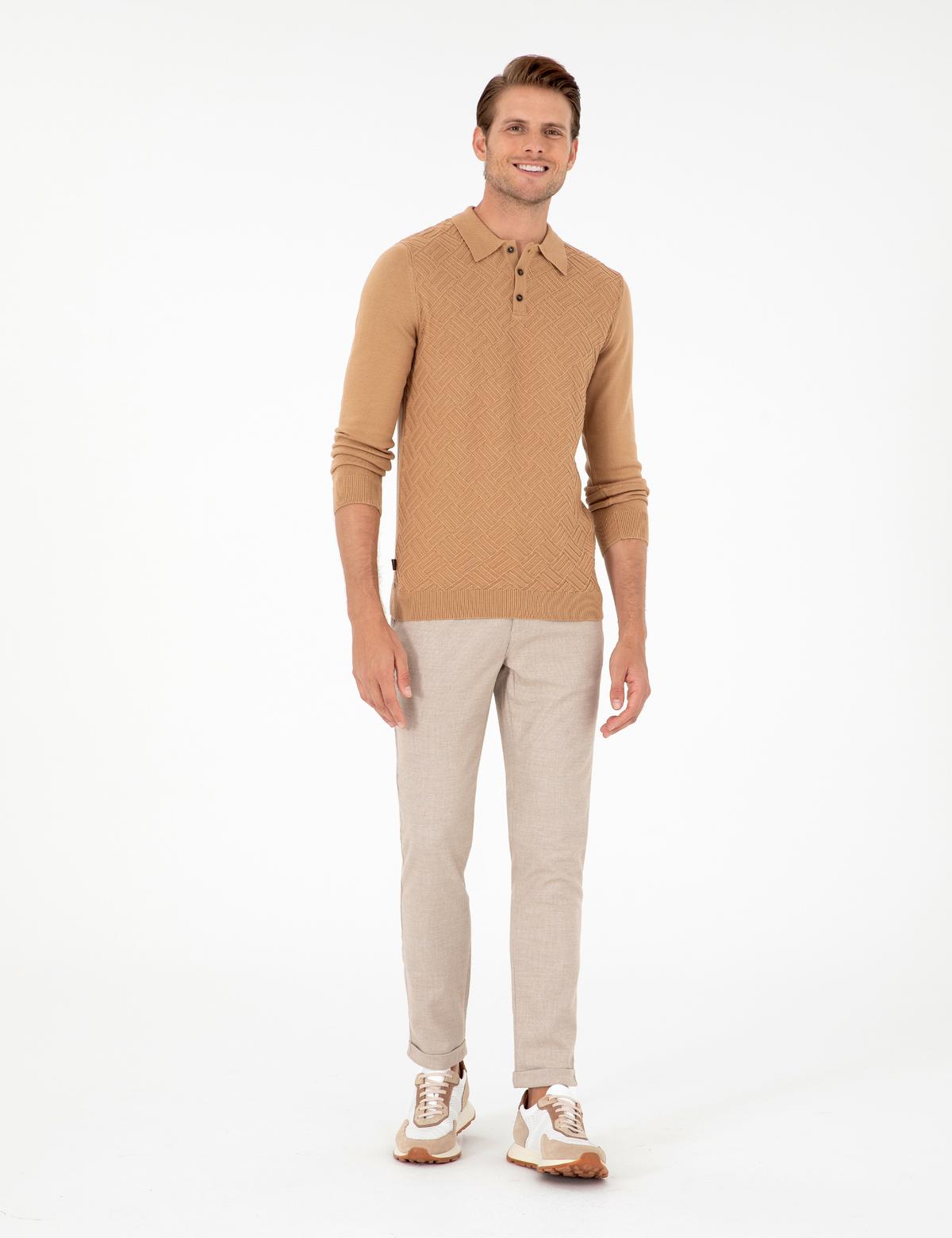 Koyu Camel Slim Fit Düğmeli Polo Yaka Triko Kazak - 50300521028