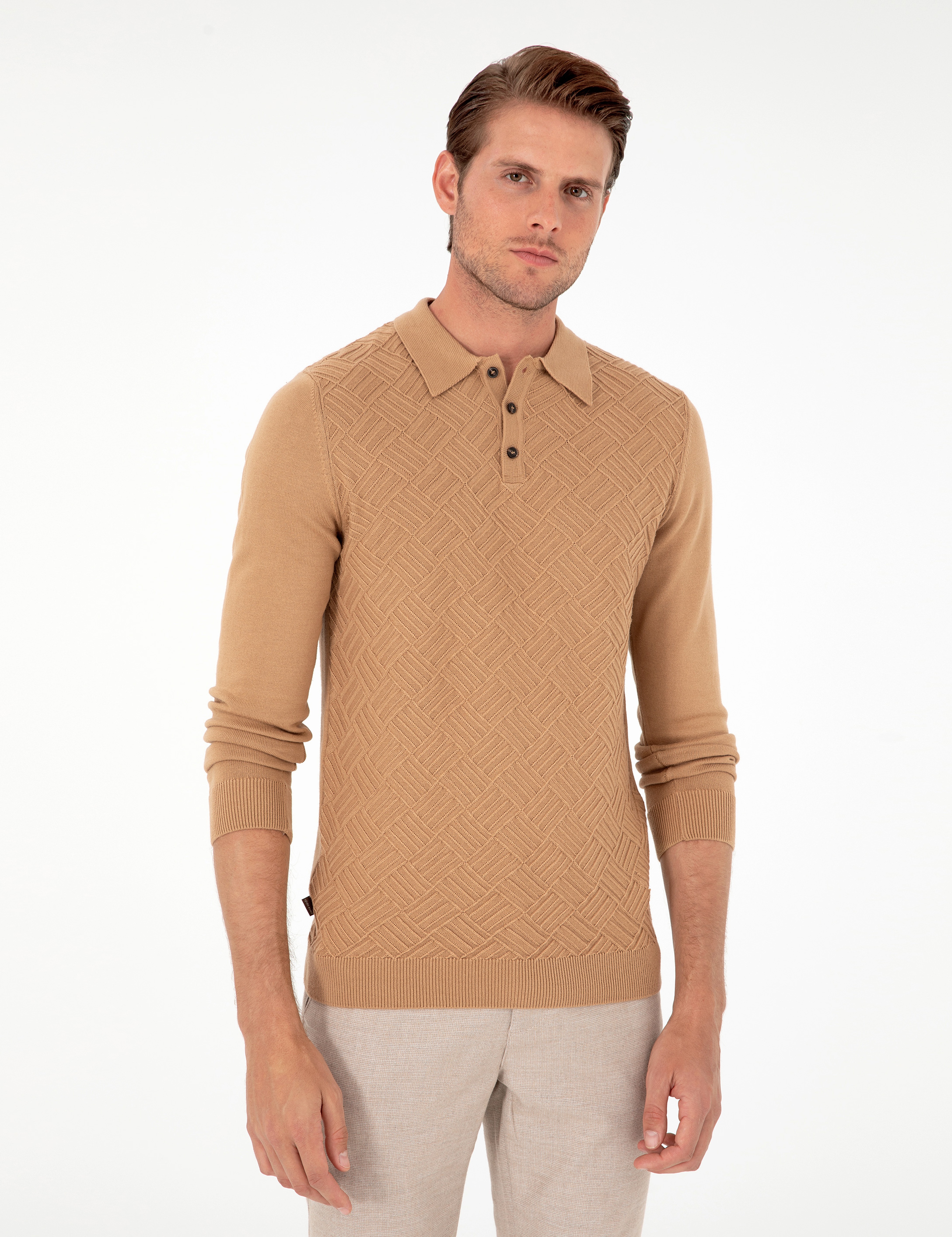 Koyu Camel Slim Fit Düğmeli Polo Yaka Triko Kazak - Image 3