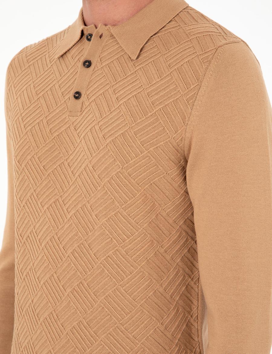 Koyu Camel Slim Fit Düğmeli Polo Yaka Triko Kazak