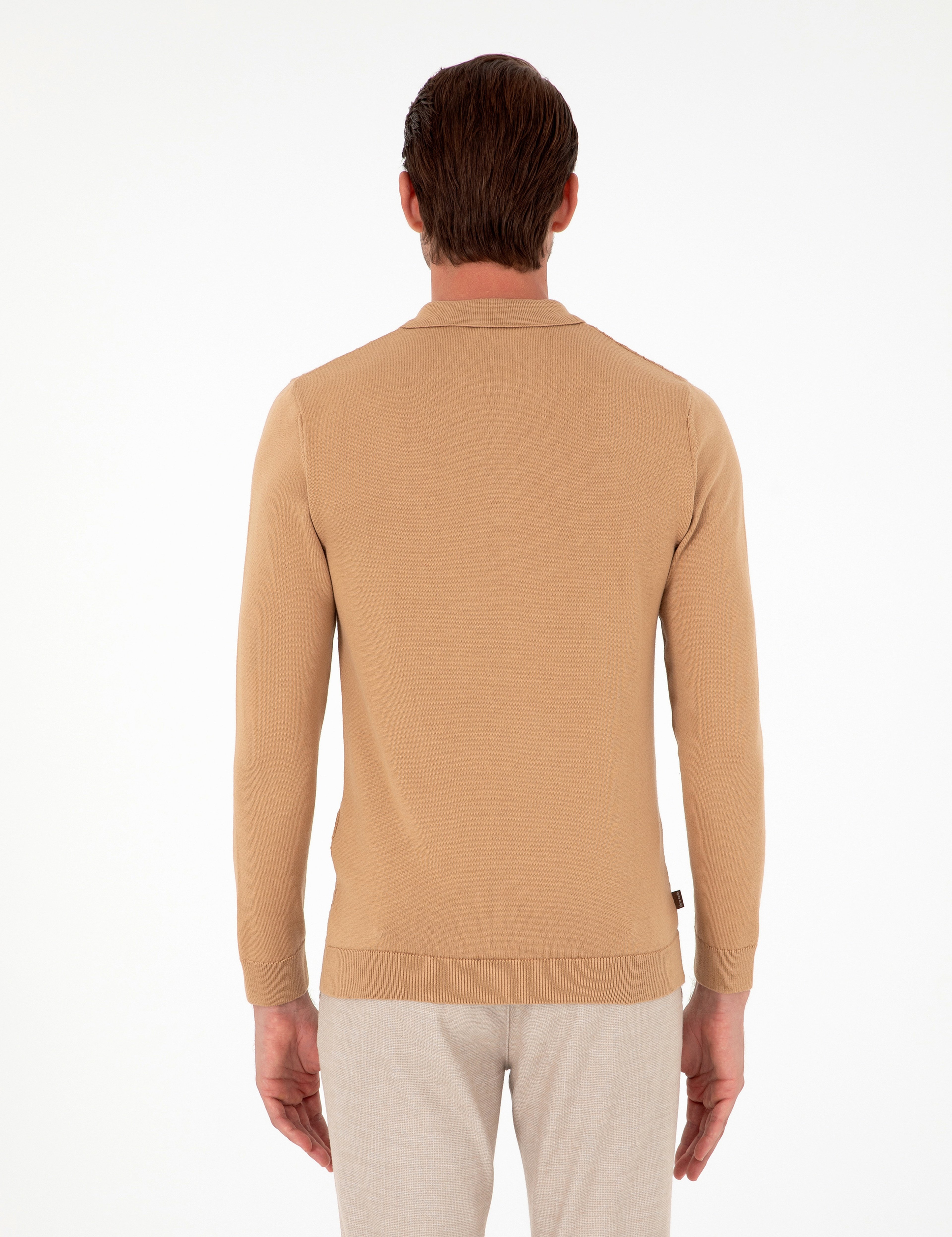 Koyu Camel Slim Fit Düğmeli Polo Yaka Triko Kazak - Image 5