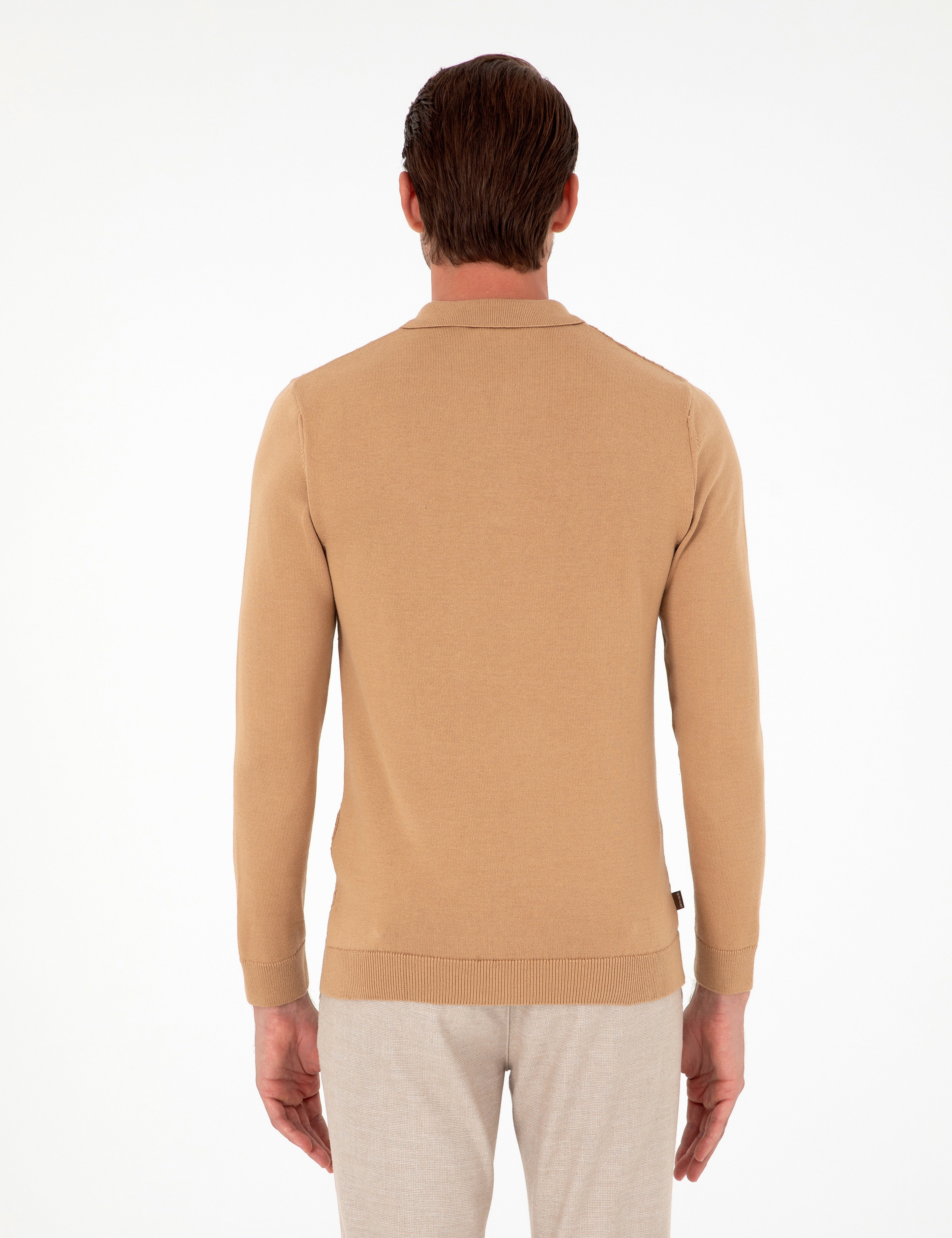 Koyu Camel Slim Fit Düğmeli Polo Yaka Triko Kazak