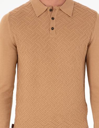 Koyu Camel Slim Fit Düğmeli Polo Yaka Triko Kazak