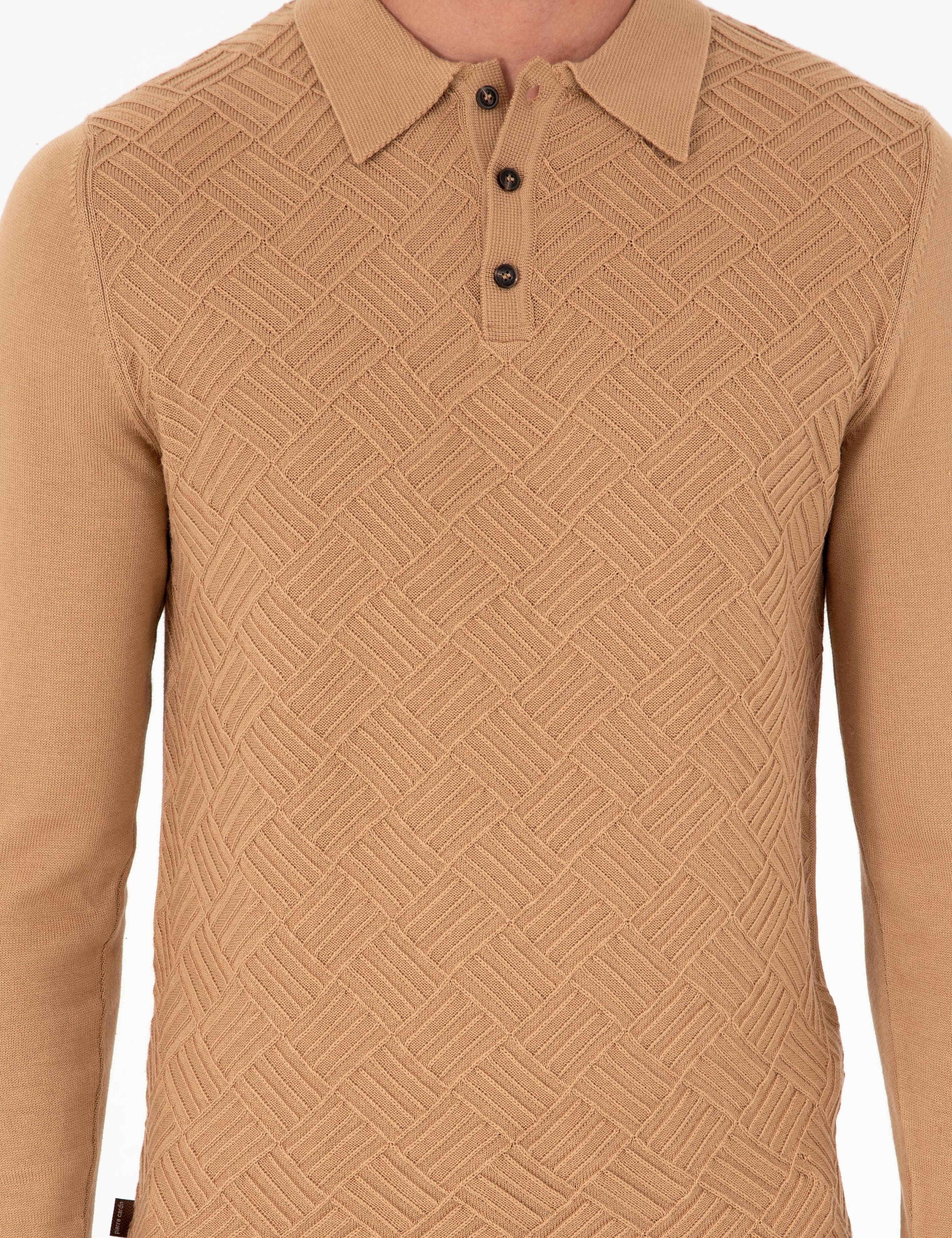 Koyu Camel Slim Fit Düğmeli Polo Yaka Triko Kazak - Image 6