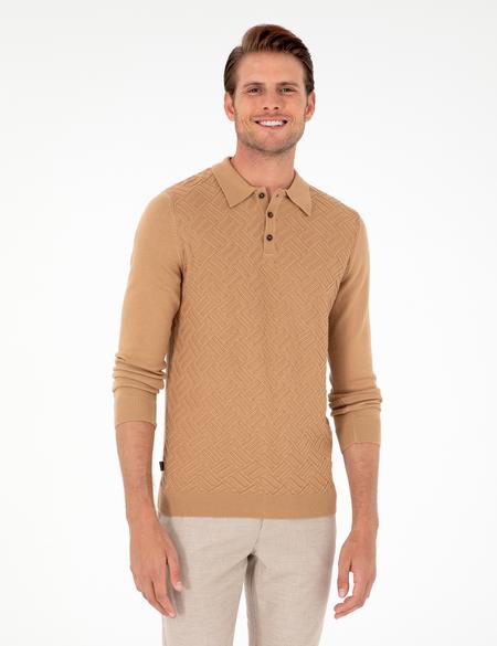 Koyu Camel Slim Fit Düğmeli Polo Yaka Triko Kazak - 50300521028