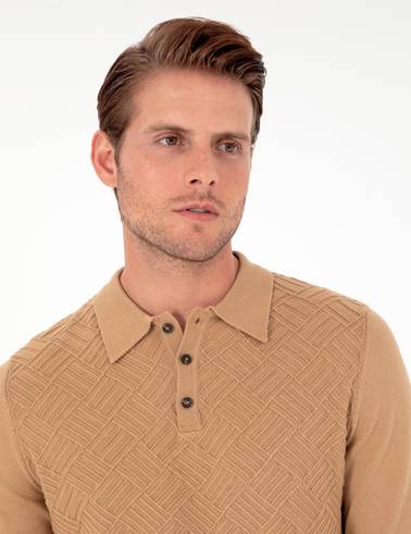 Koyu Camel Slim Fit Düğmeli Polo Yaka Triko Kazak