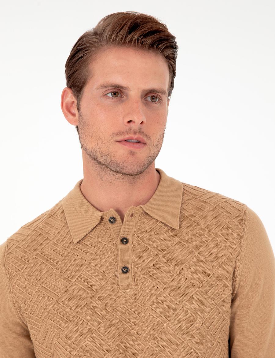 Koyu Camel Slim Fit Düğmeli Polo Yaka Triko Kazak