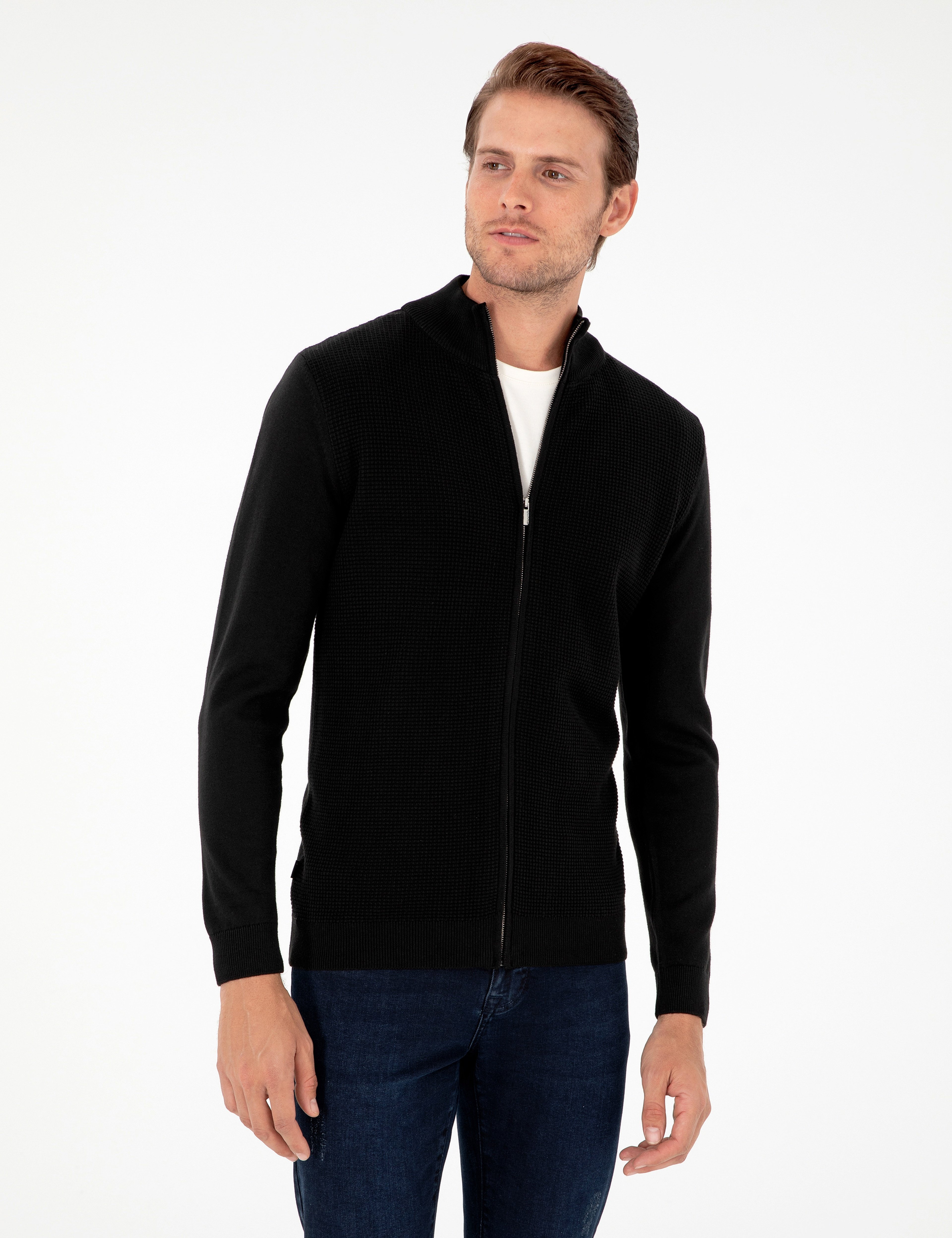 Siyah Slim Fit Fermuarlı Triko Hırka