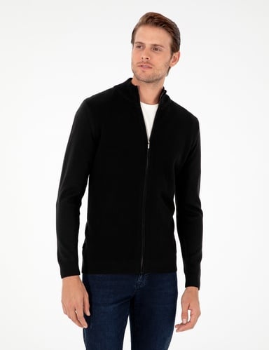 Siyah Slim Fit Fermuarlı Triko Hırka