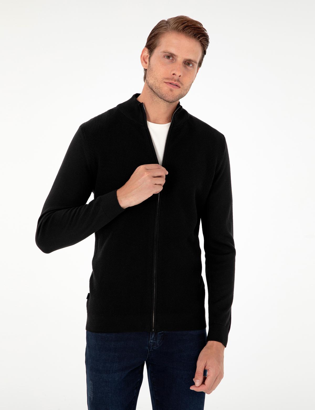 Siyah Slim Fit Fermuarlı Triko Hırka - 50300497017