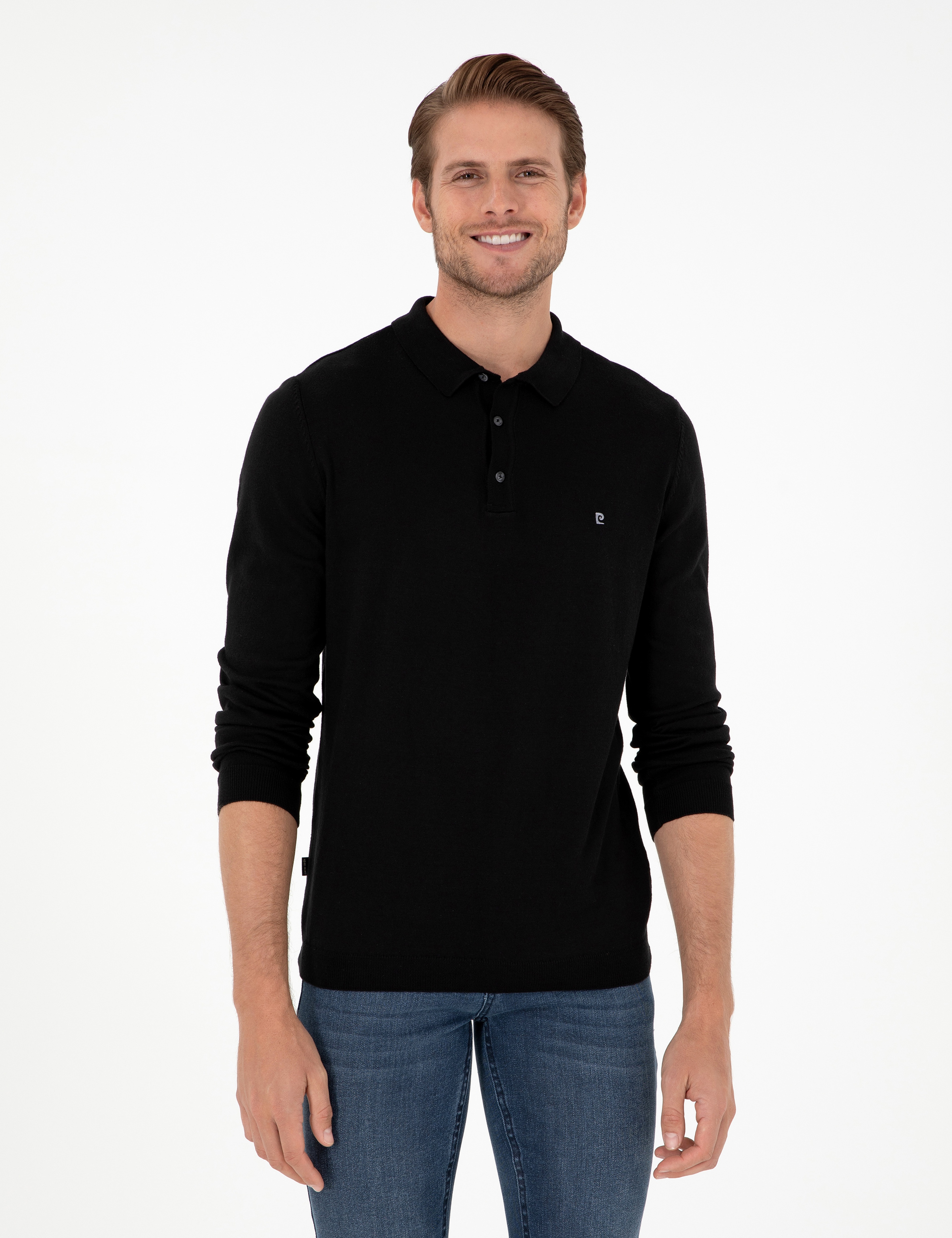 Siyah Slim Fit Polo Yaka Basic Triko Kazak - Image 1
