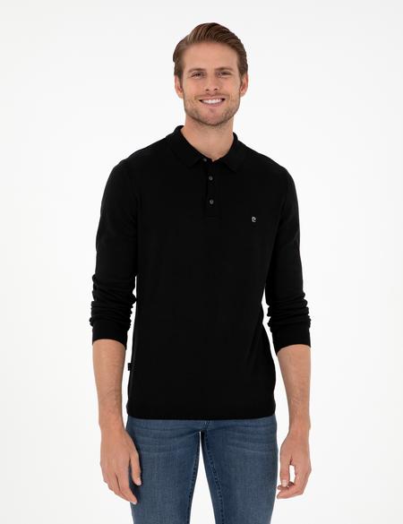 Siyah Slim Fit Polo Yaka Basic Triko Kazak - 50296623016