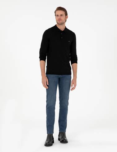 Siyah Slim Fit Polo Yaka Basic Triko Kazak