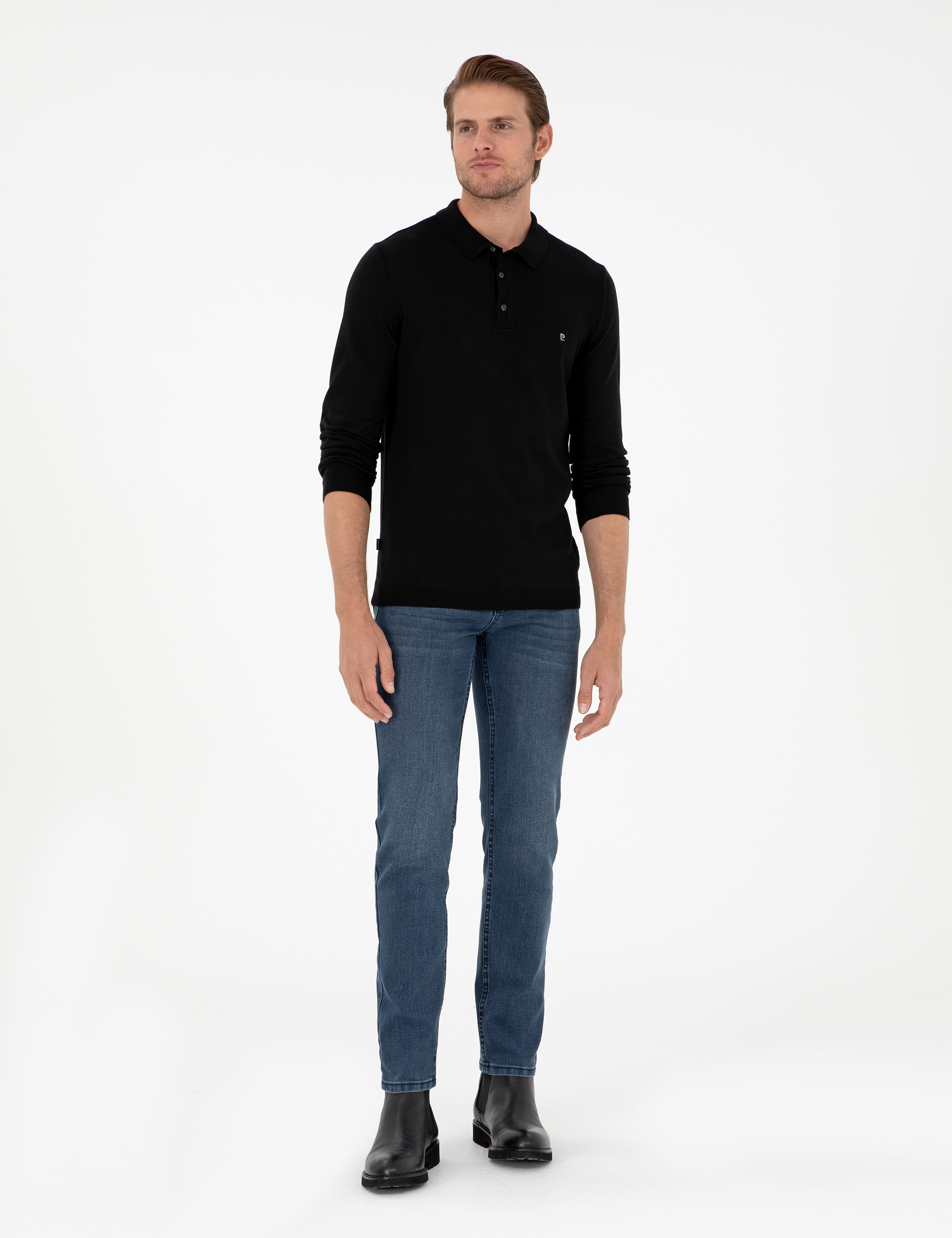 Siyah Slim Fit Polo Yaka Basic Triko Kazak - Image 4