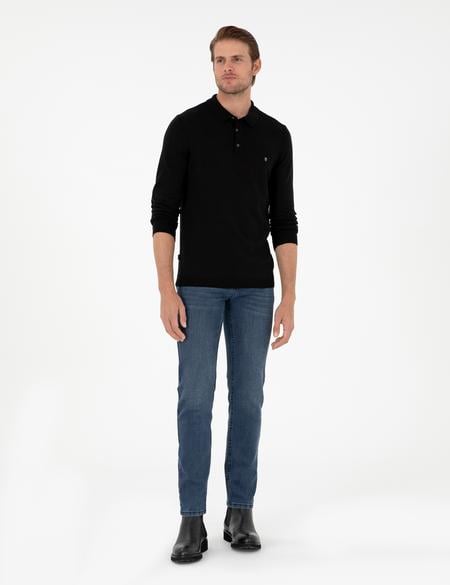 Siyah Slim Fit Polo Yaka Basic Triko Kazak - 50296623016