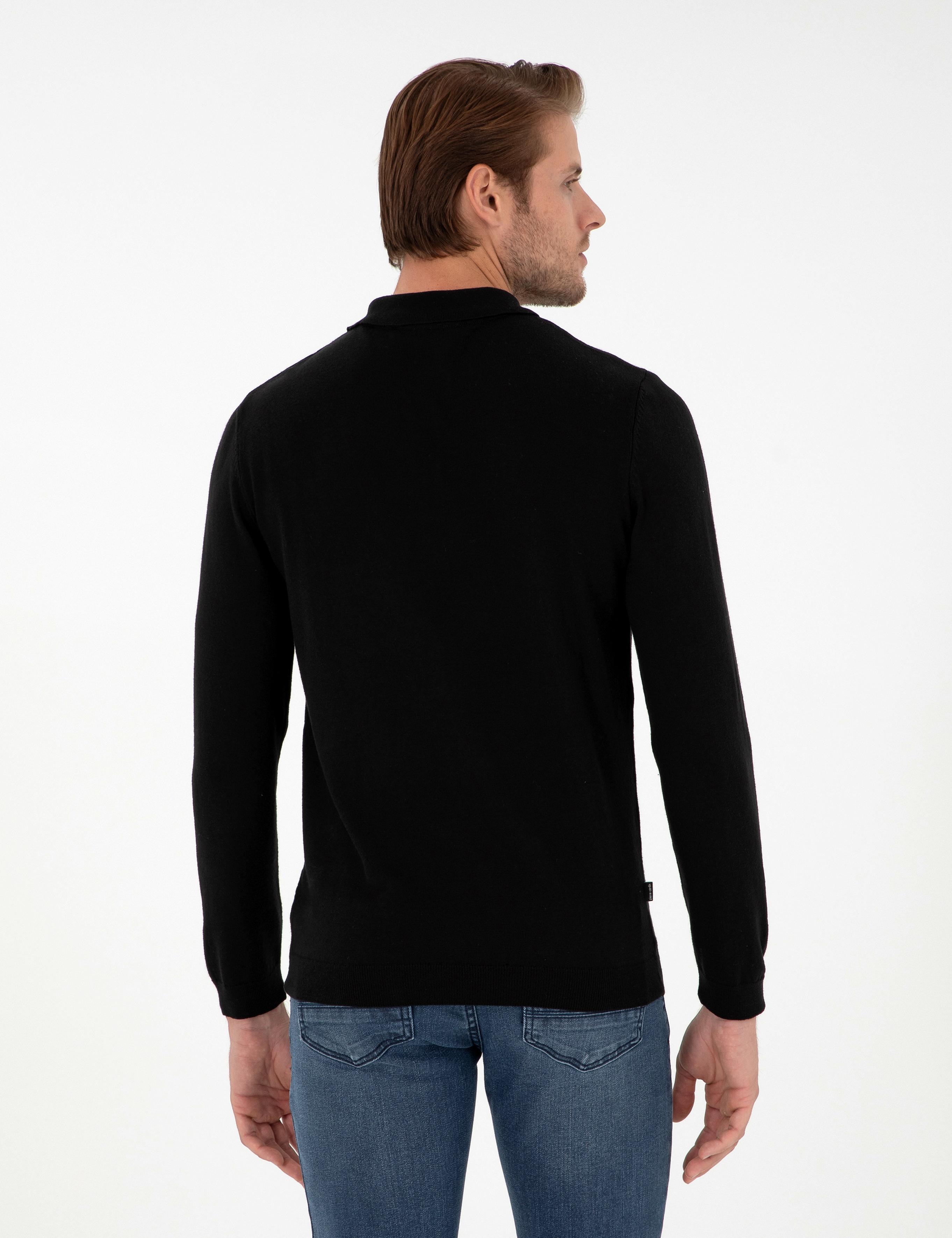 Siyah Slim Fit Polo Yaka Basic Triko Kazak