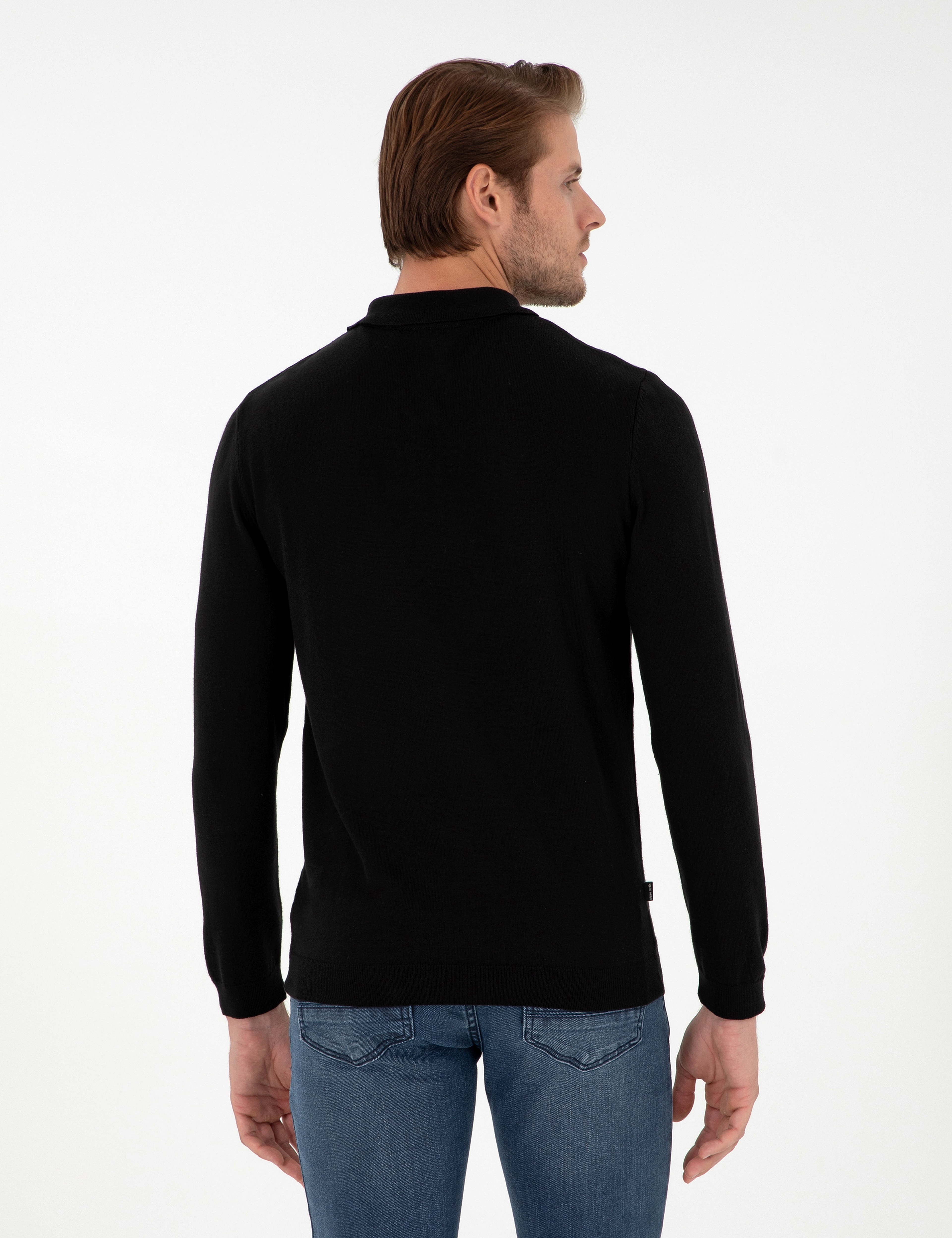 Siyah Slim Fit Polo Yaka Basic Triko Kazak - Image 5