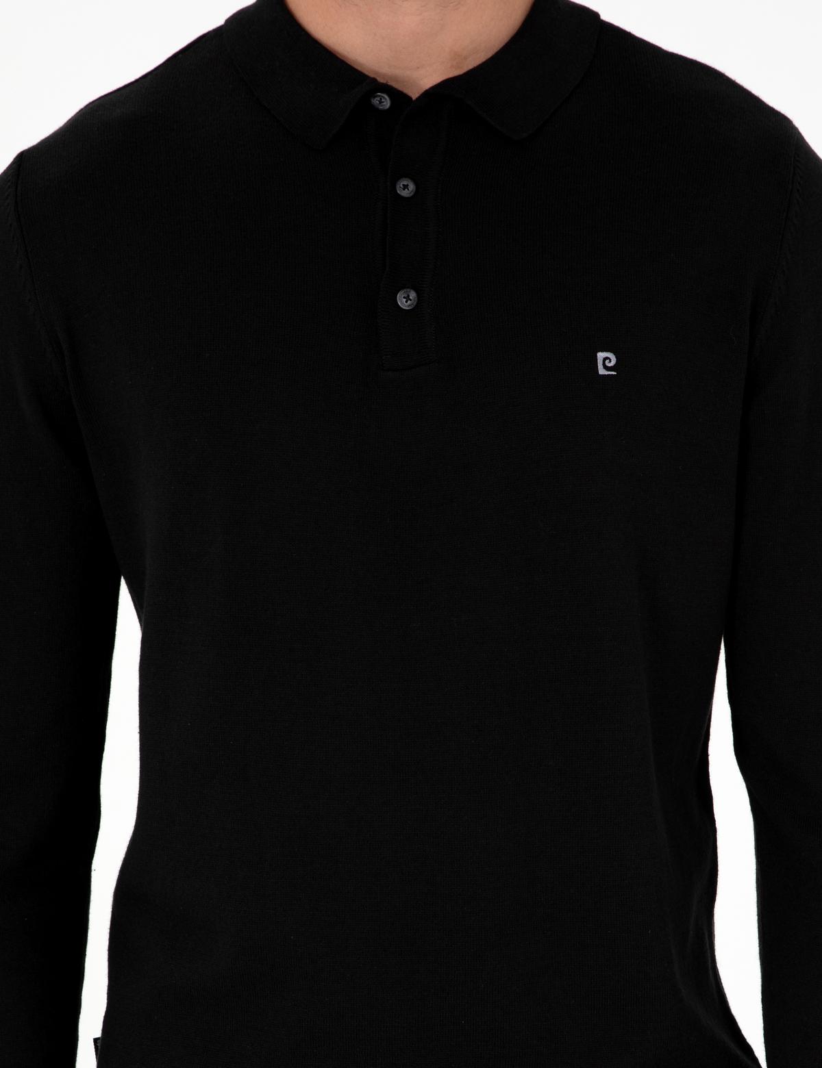 Siyah Slim Fit Polo Yaka Basic Triko Kazak - 50296623016