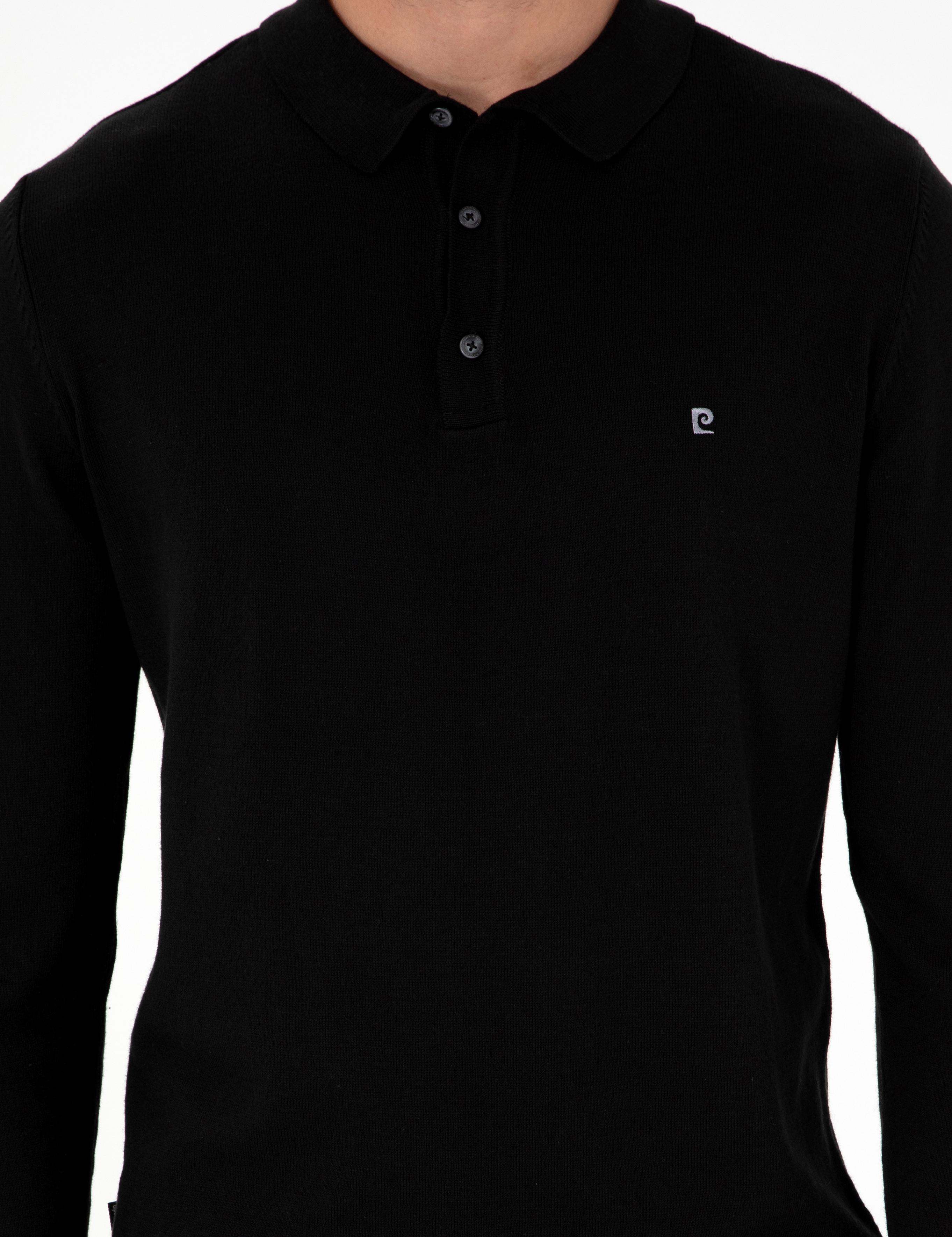 Siyah Slim Fit Polo Yaka Basic Triko Kazak