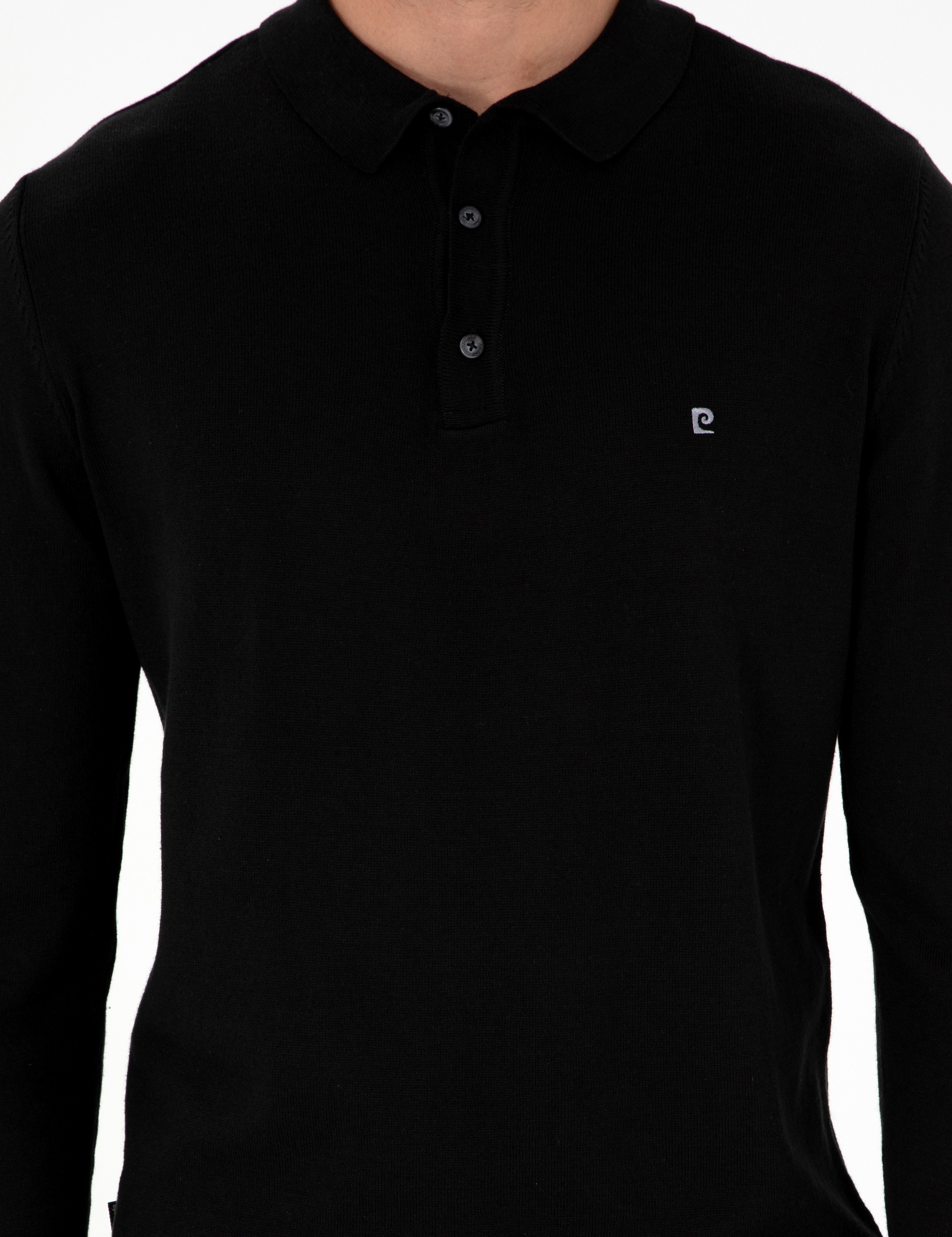 Siyah Slim Fit Polo Yaka Basic Triko Kazak