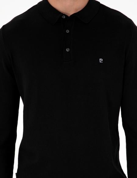 Siyah Slim Fit Polo Yaka Basic Triko Kazak - 50296623016