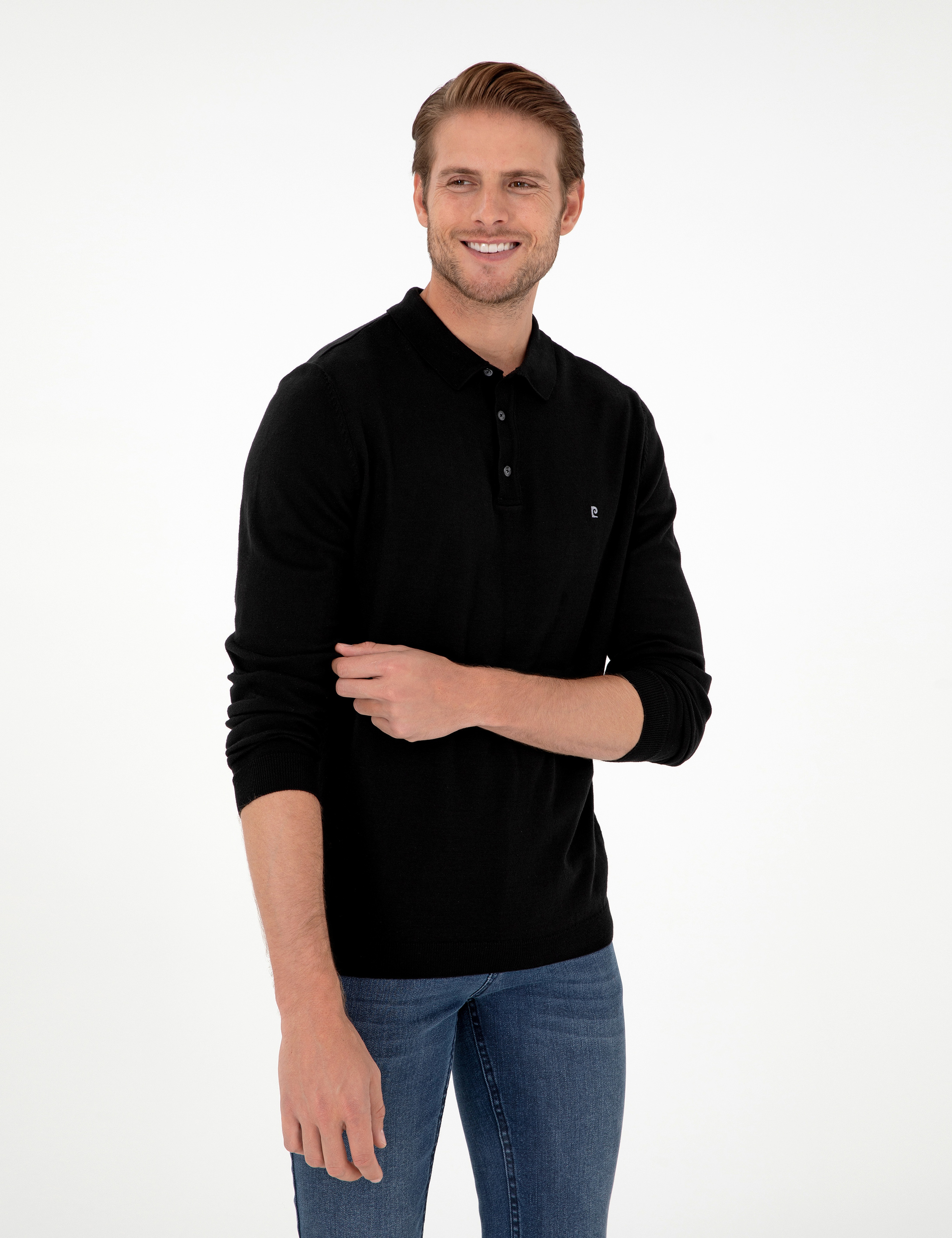 Siyah Slim Fit Polo Yaka Basic Triko Kazak - Image 3
