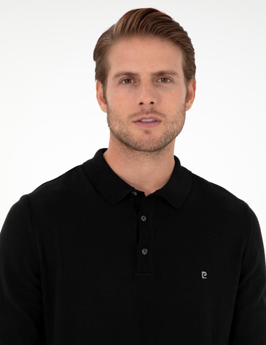Siyah Slim Fit Polo Yaka Basic Triko Kazak