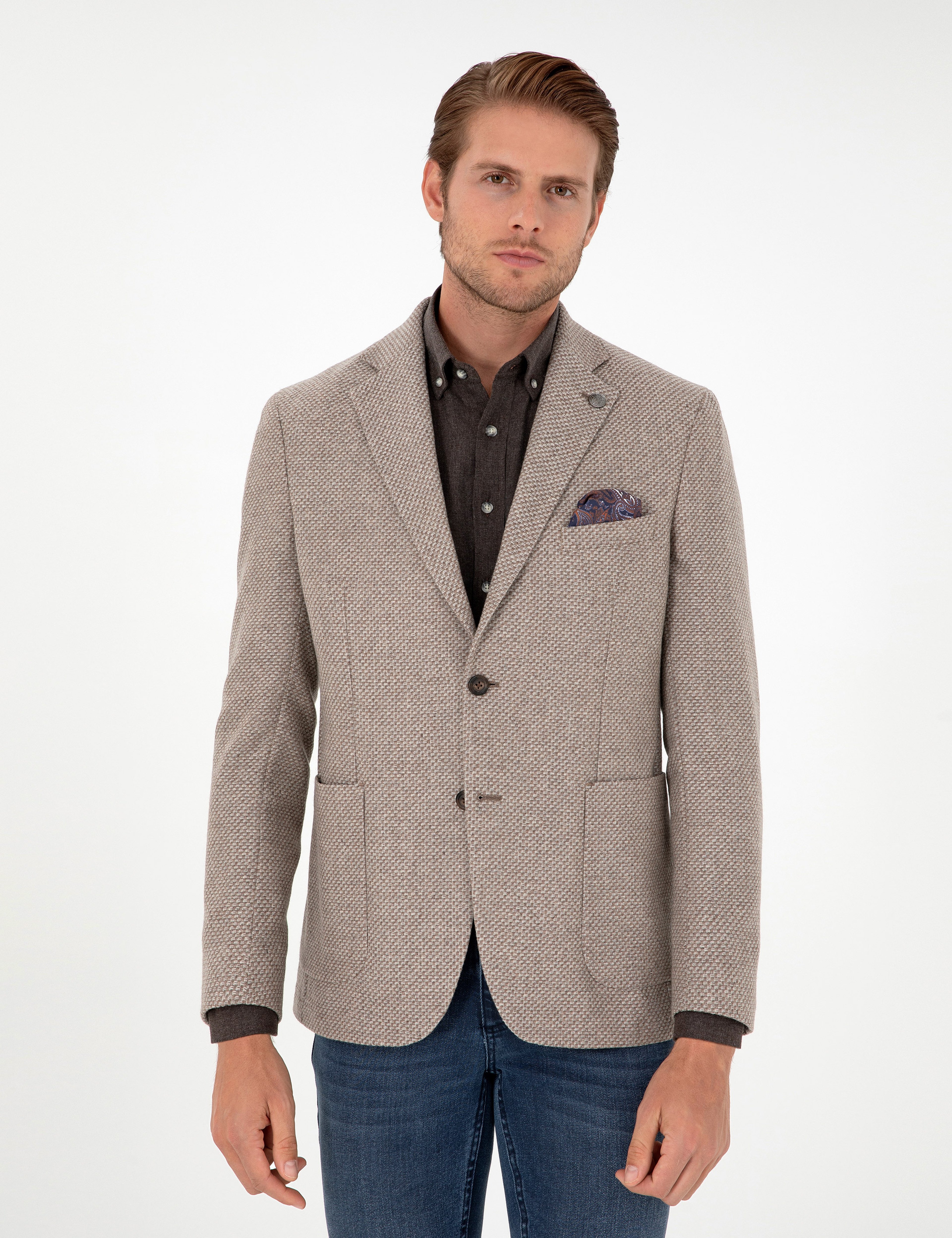 Açık Kahverengi Yün Karışımlı Slim Fit Ceket