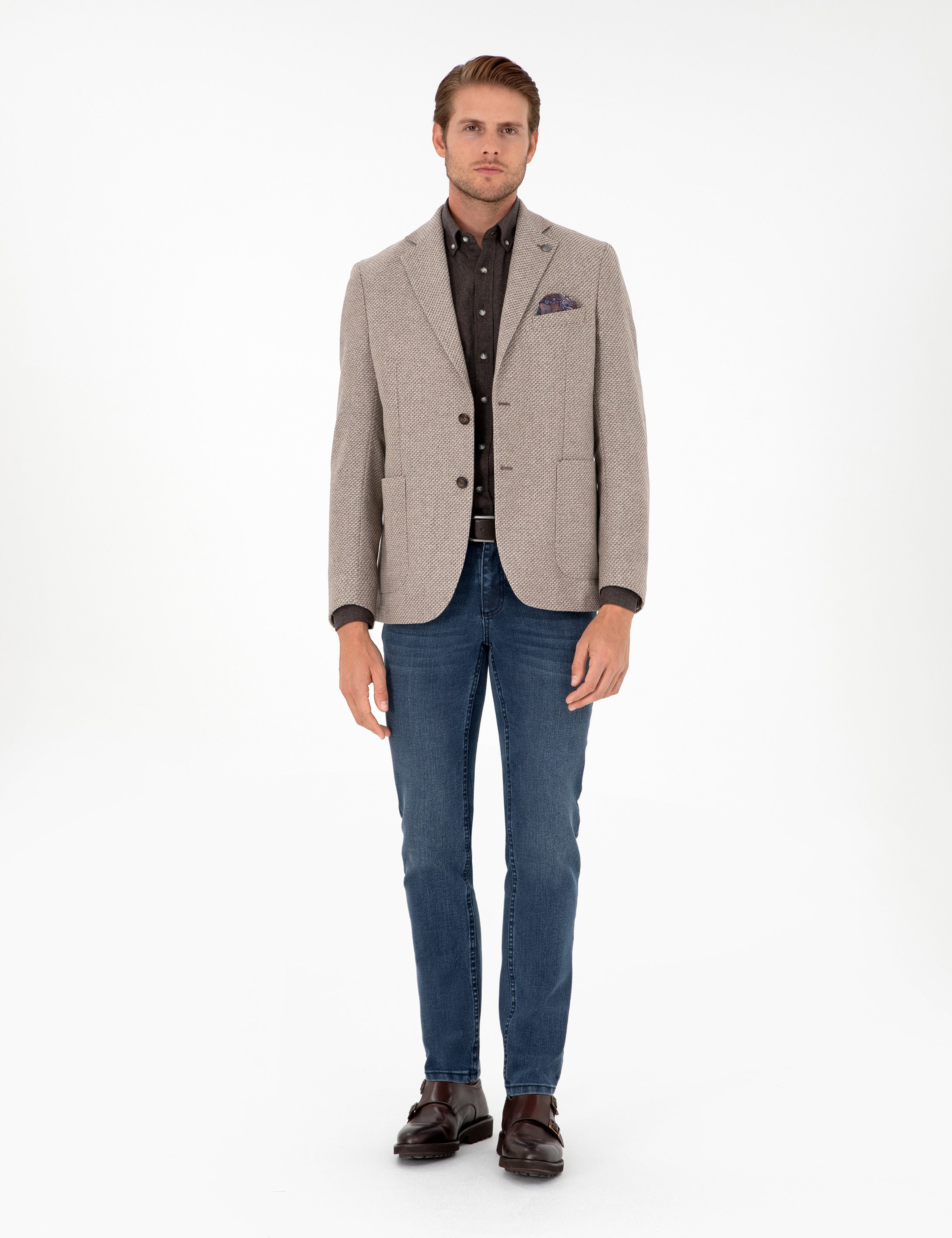 Açık Kahverengi Yün Karışımlı Slim Fit Ceket