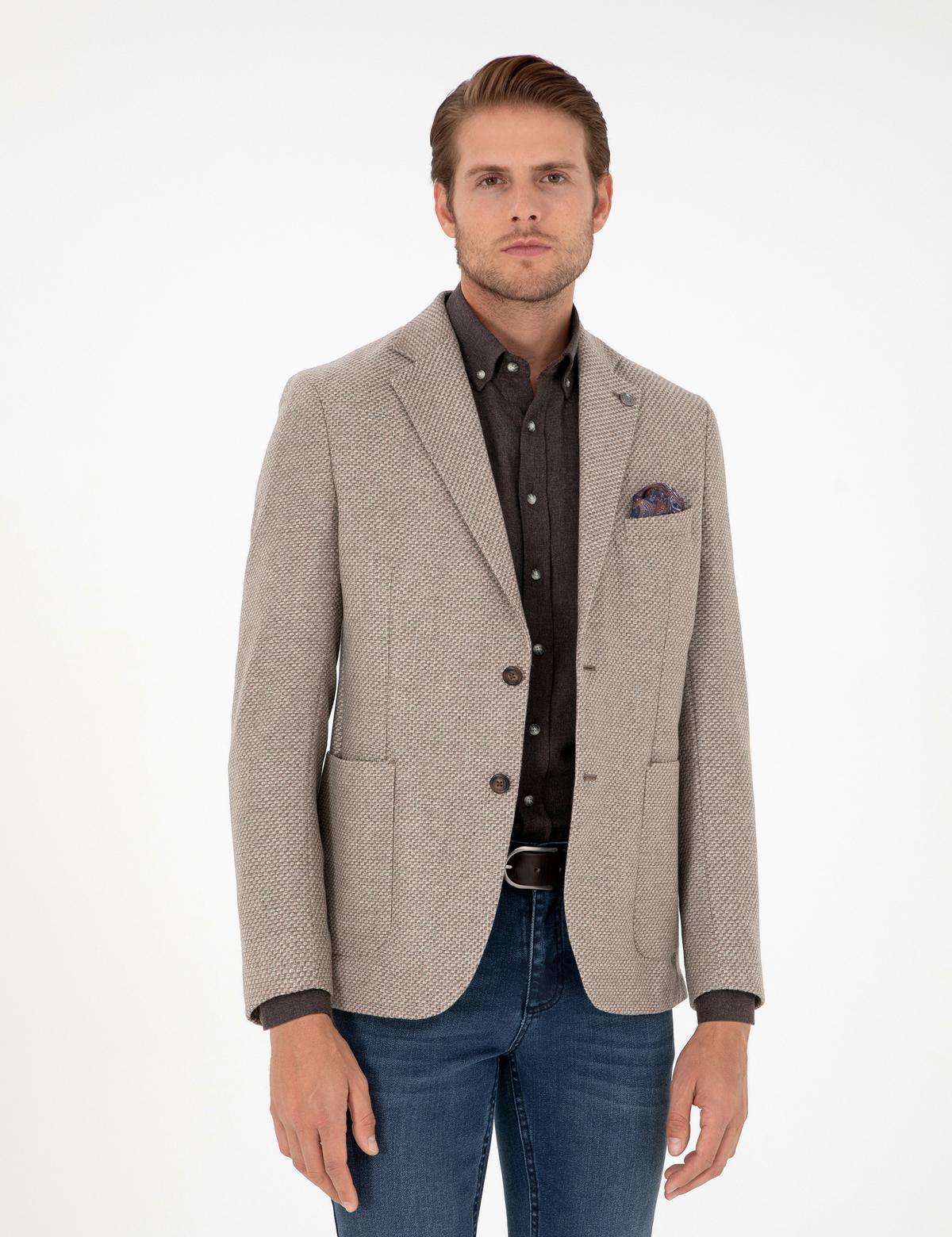 Açık Kahverengi Yün Karışımlı Slim Fit Ceket