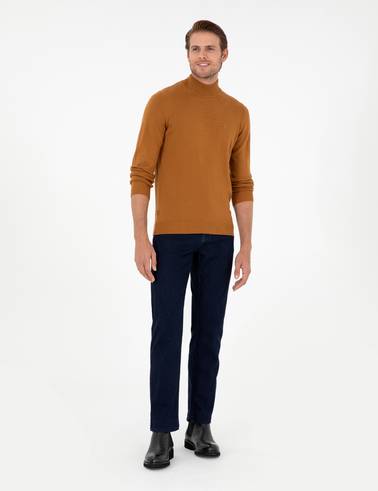 Kahverengi Slim Fit Yarım Balıkçı Yaka Basic Triko Kazak