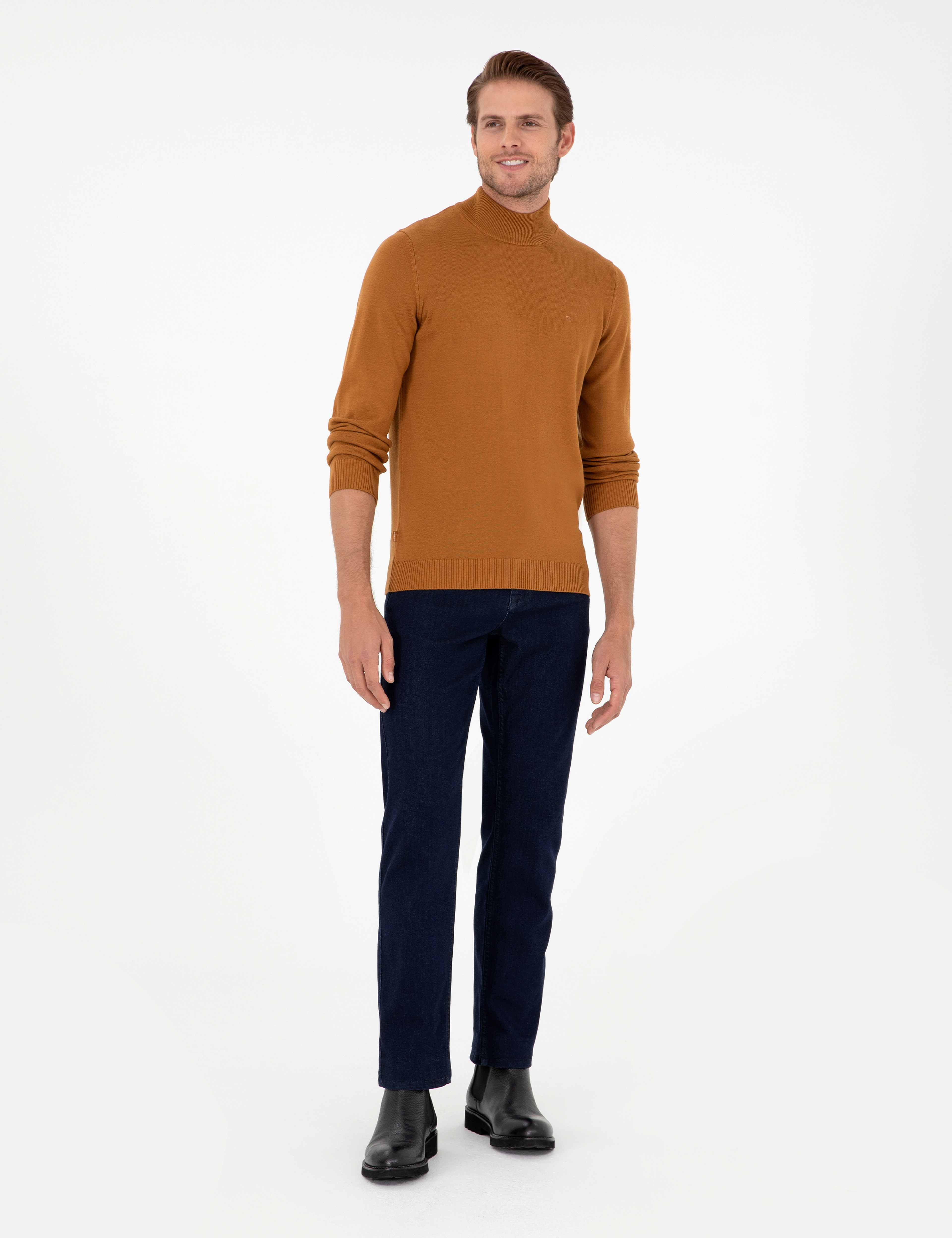Kahverengi Slim Fit Yarım Balıkçı Yaka Basic Triko Kazak