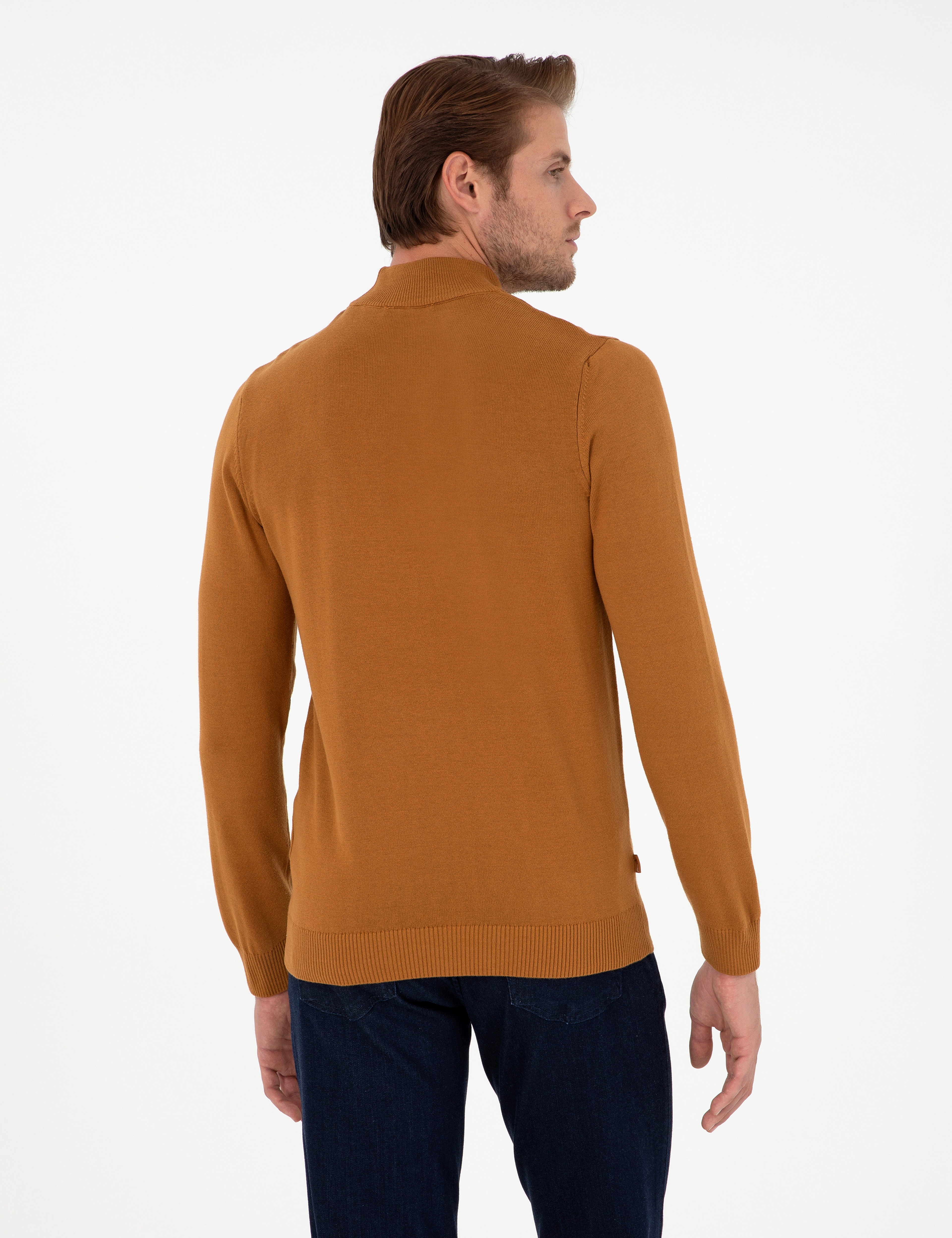 Kahverengi Slim Fit Yarım Balıkçı Yaka Basic Triko Kazak - Image 5
