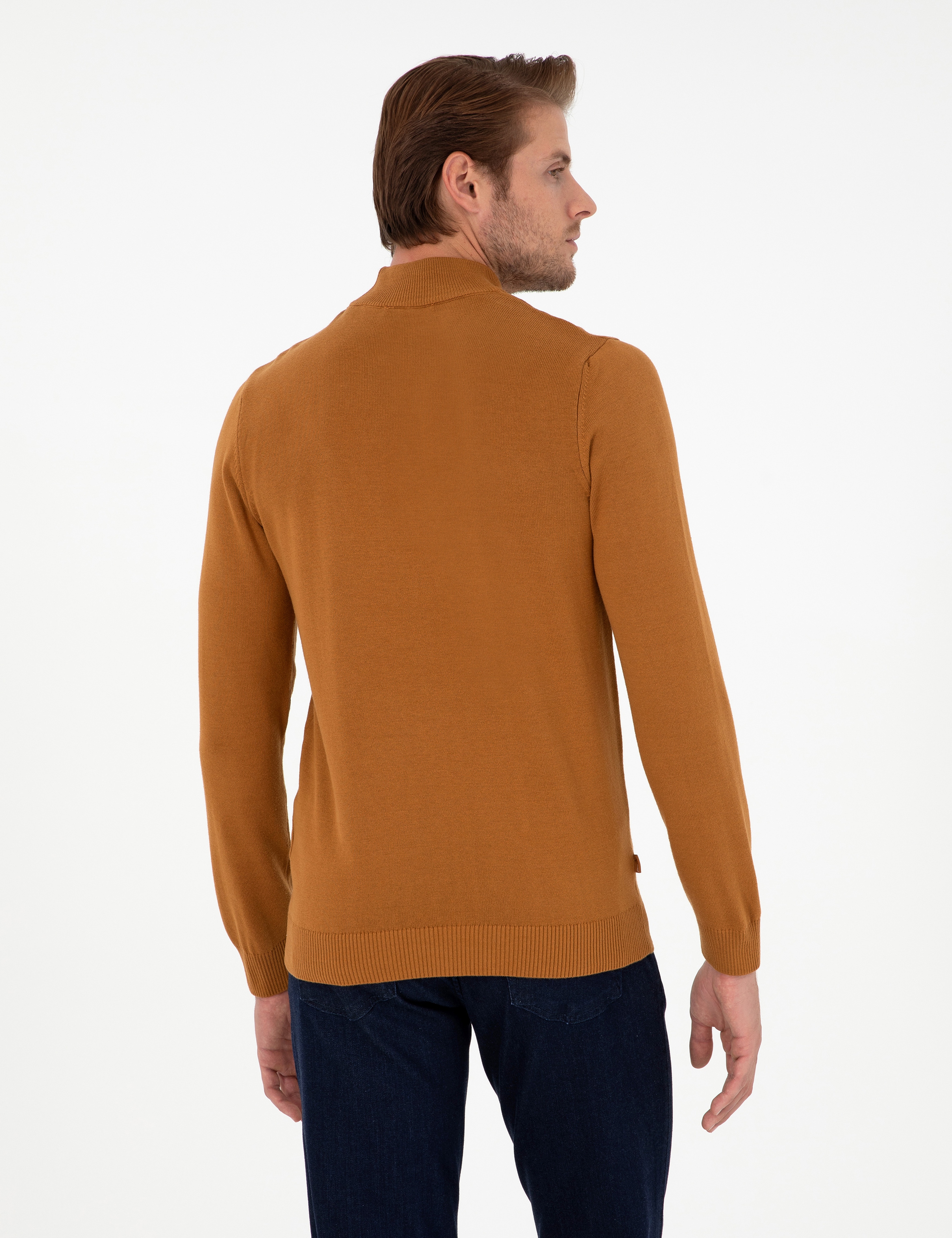 Kahverengi Slim Fit Yarım Balıkçı Yaka Basic Triko Kazak