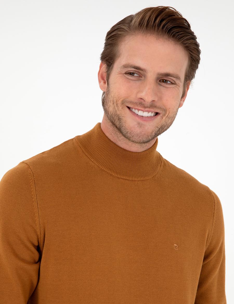 Kahverengi Slim Fit Yarım Balıkçı Yaka Basic Triko Kazak
