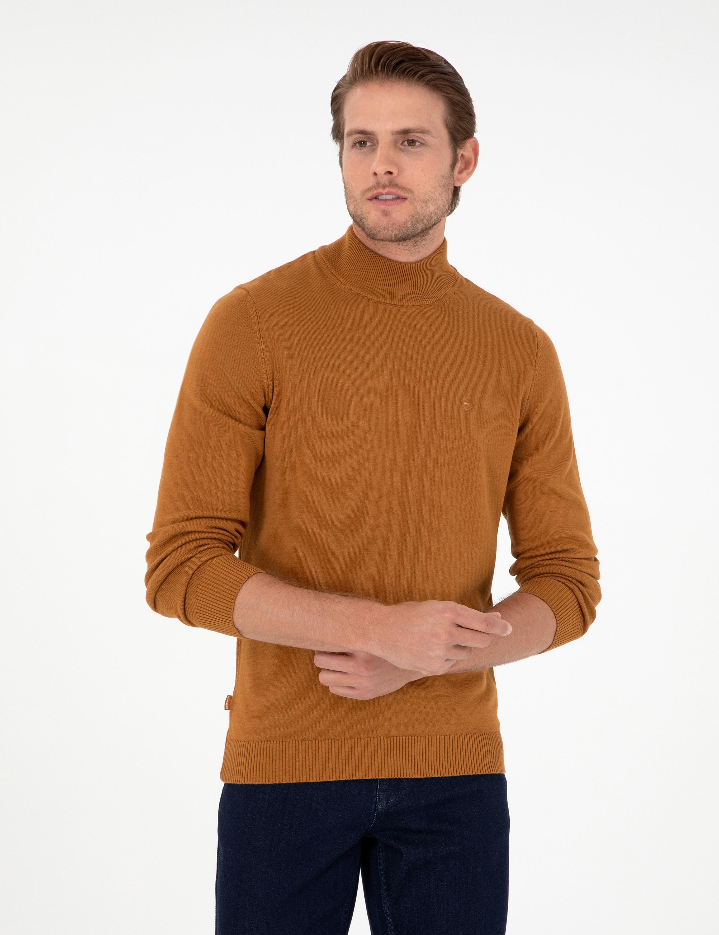 Kahverengi Slim Fit Yarım Balıkçı Yaka Basic Triko Kazak
