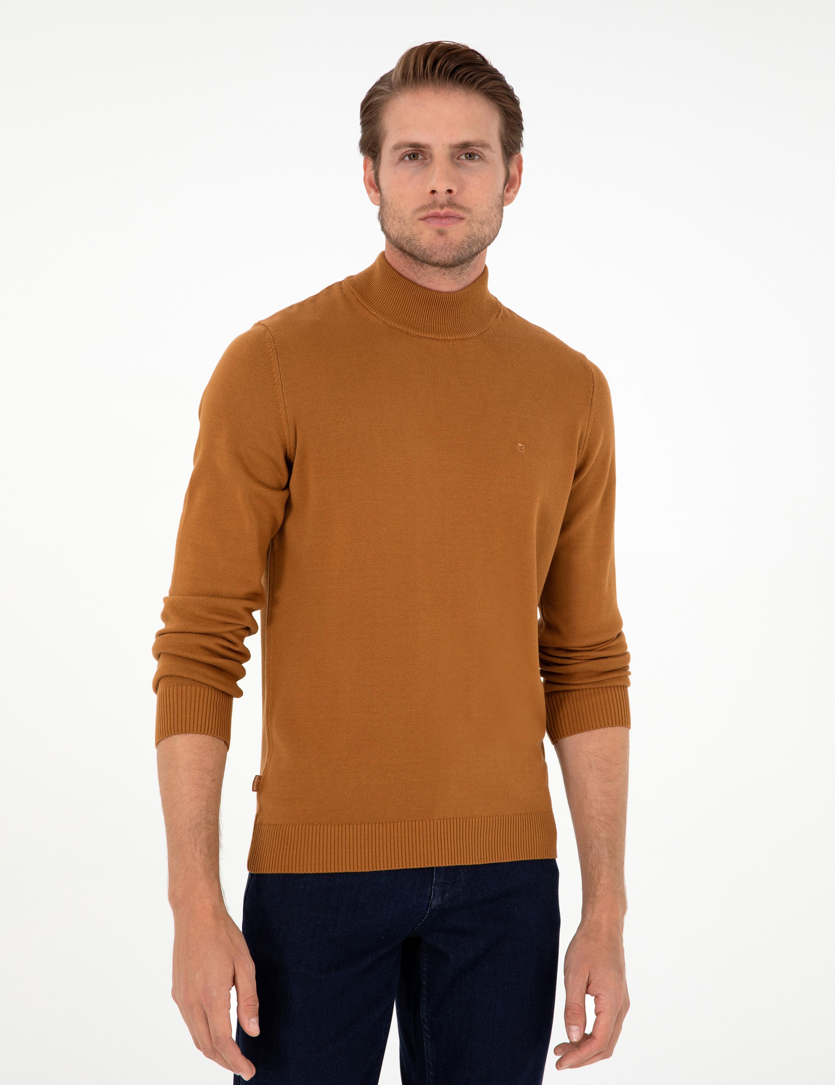 Kahverengi Slim Fit Yarım Balıkçı Yaka Basic Triko Kazak