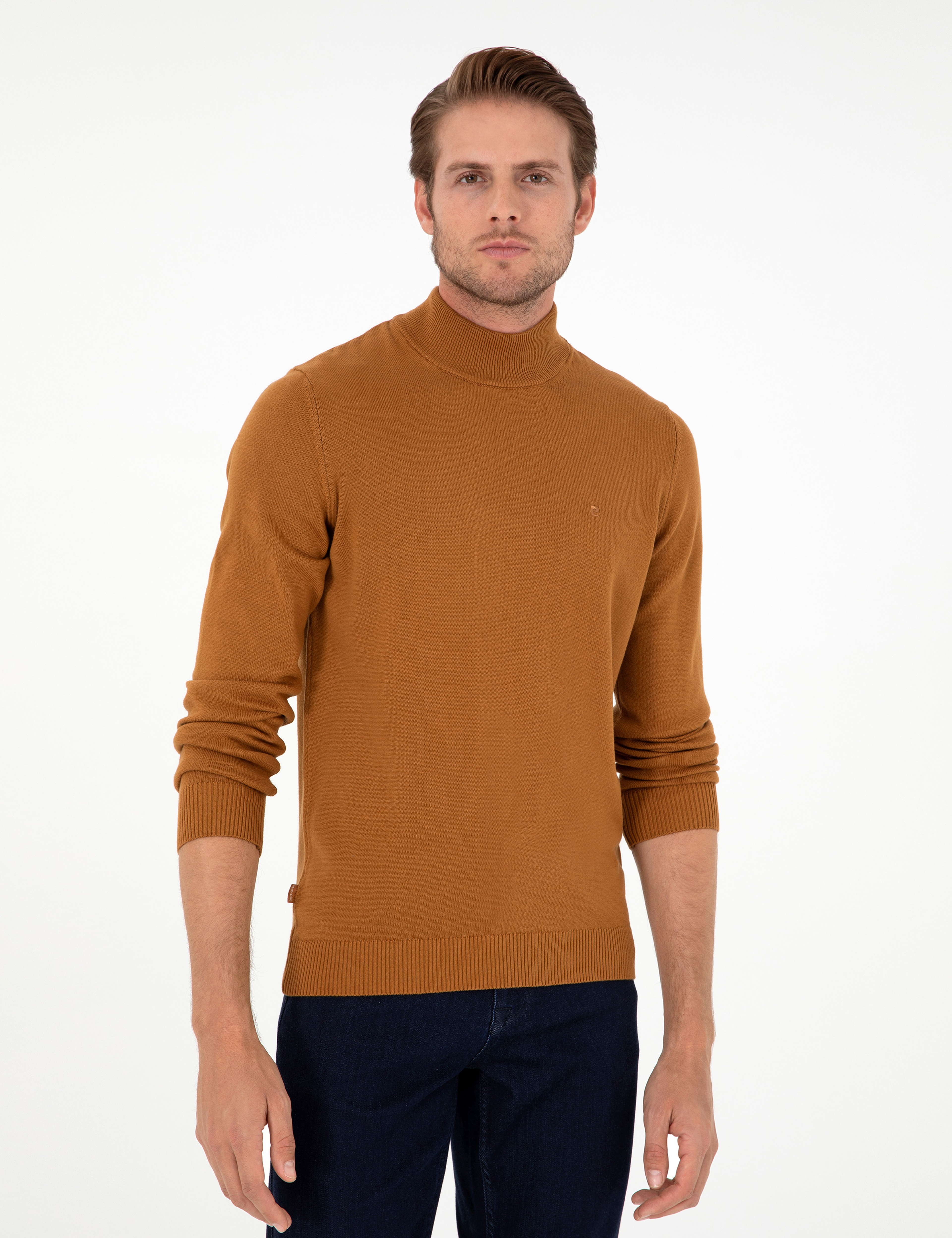 Kahverengi Slim Fit Yarım Balıkçı Yaka Basic Triko Kazak