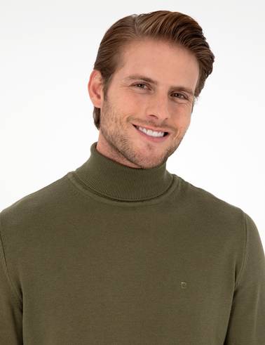Koyu Haki Slim Fit Balıkçı Yaka Basic Triko Kazak