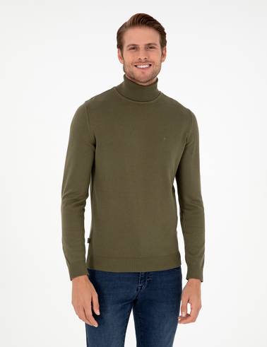 Koyu Haki Slim Fit Balıkçı Yaka Basic Triko Kazak