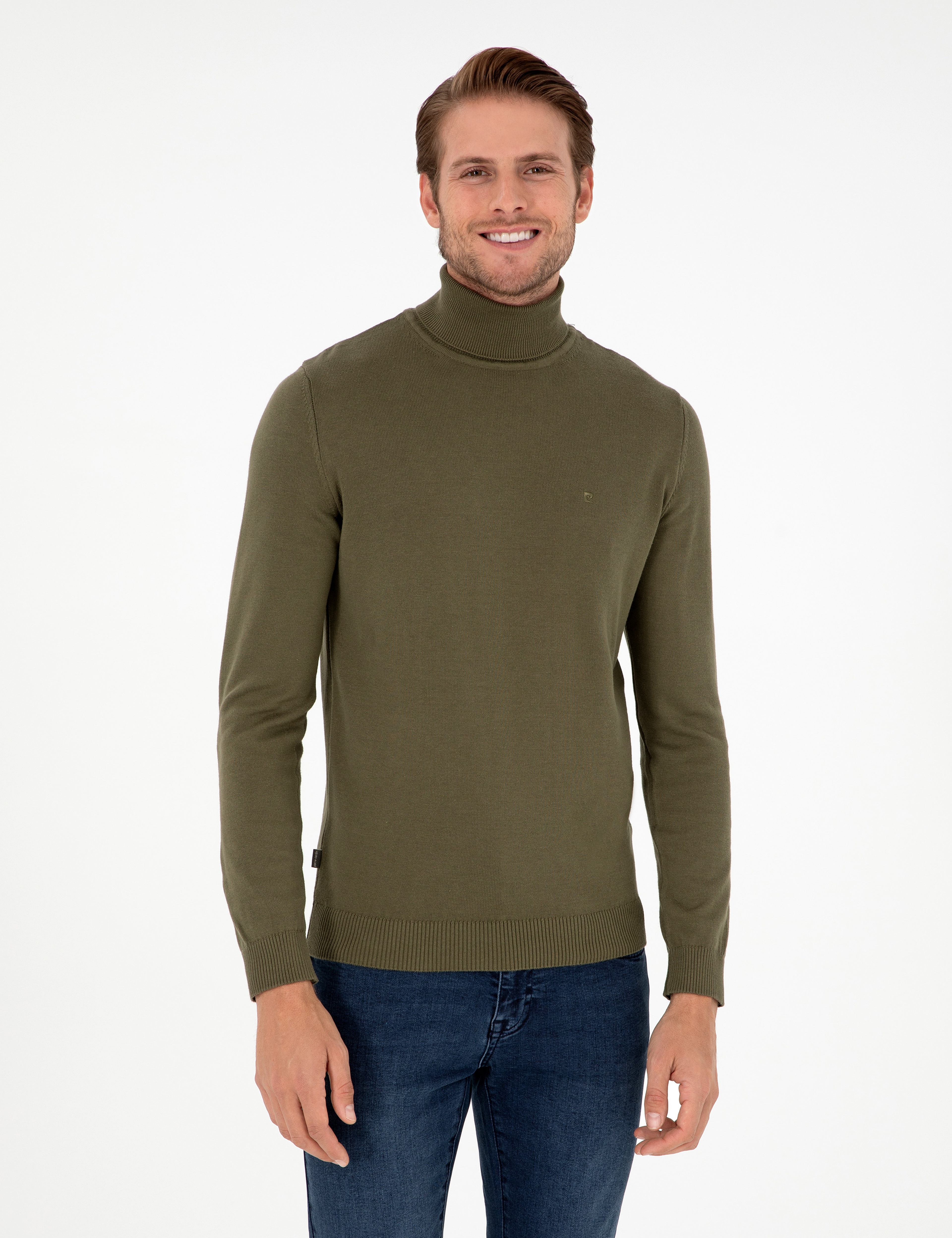 Koyu Haki Slim Fit Balıkçı Yaka Basic Triko Kazak - Image 1