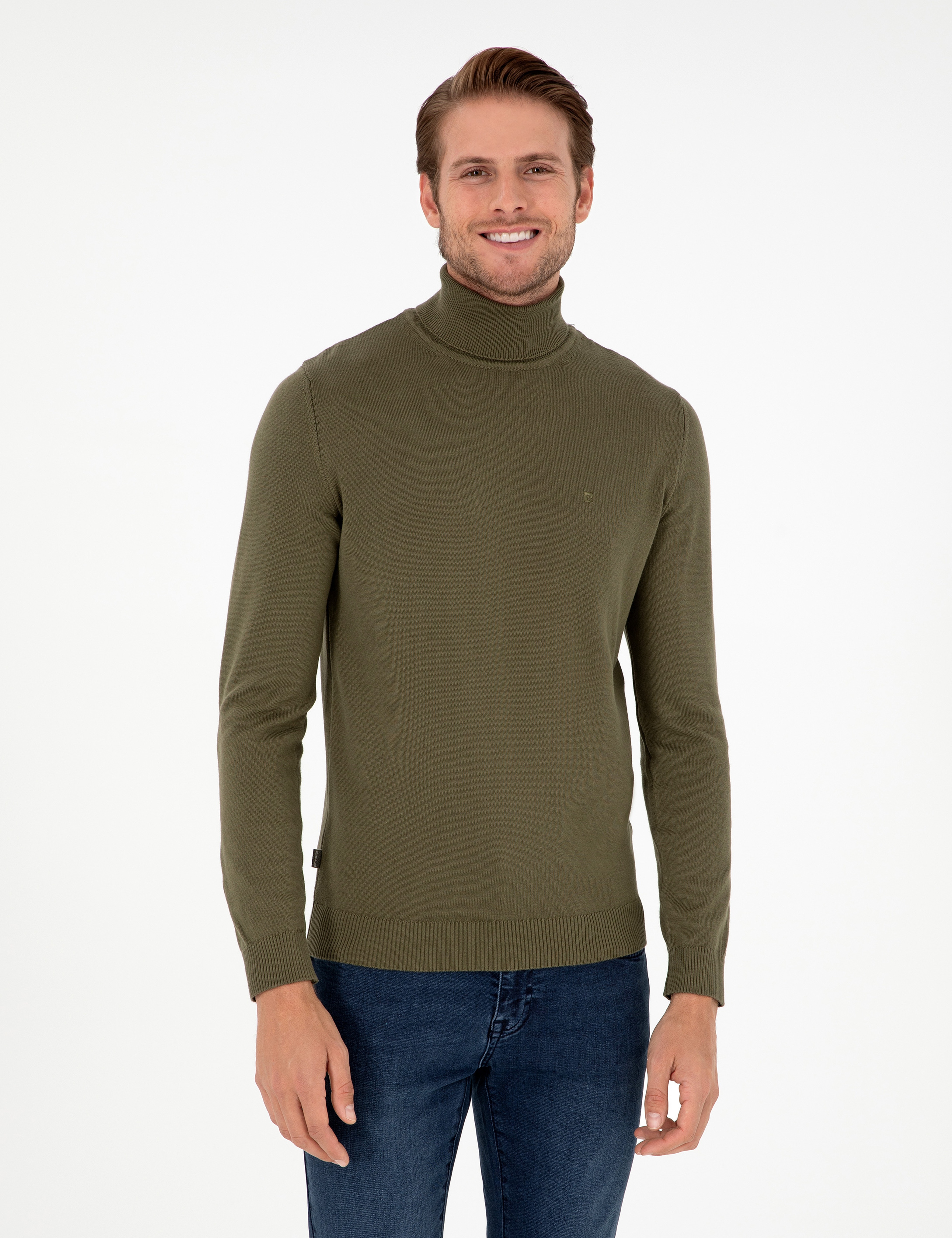 Koyu Haki Slim Fit Balıkçı Yaka Basic Triko Kazak