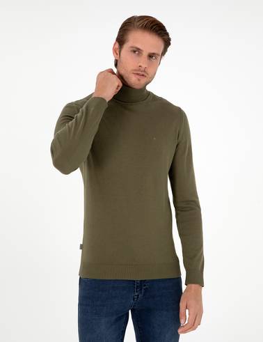 Koyu Haki Slim Fit Balıkçı Yaka Basic Triko Kazak