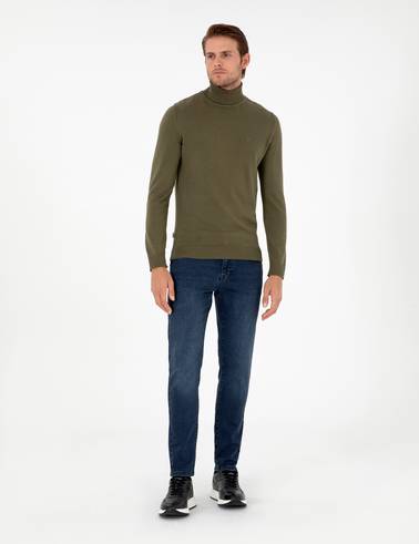 Koyu Haki Slim Fit Balıkçı Yaka Basic Triko Kazak