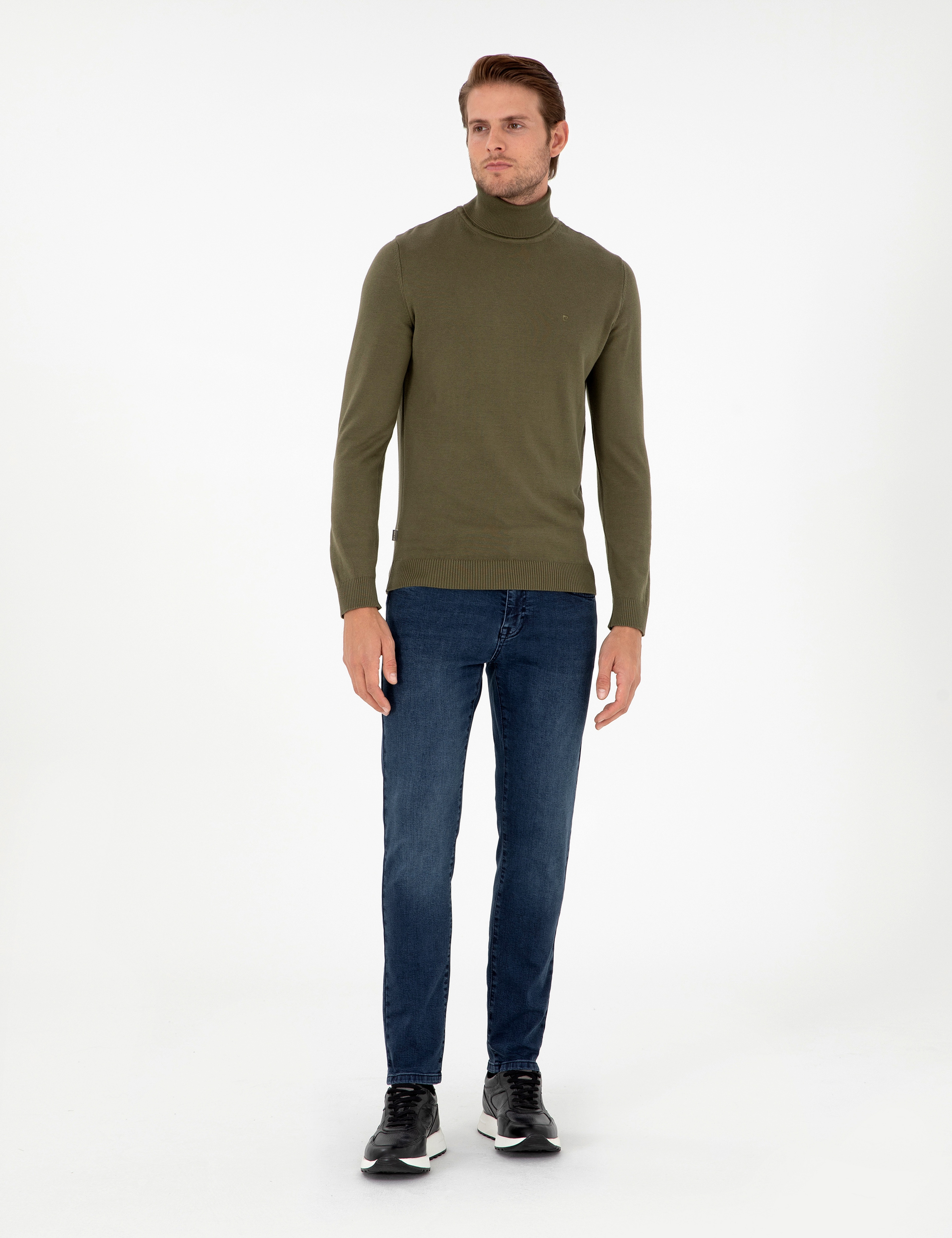 Koyu Haki Slim Fit Balıkçı Yaka Basic Triko Kazak