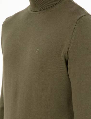 Koyu Haki Slim Fit Balıkçı Yaka Basic Triko Kazak