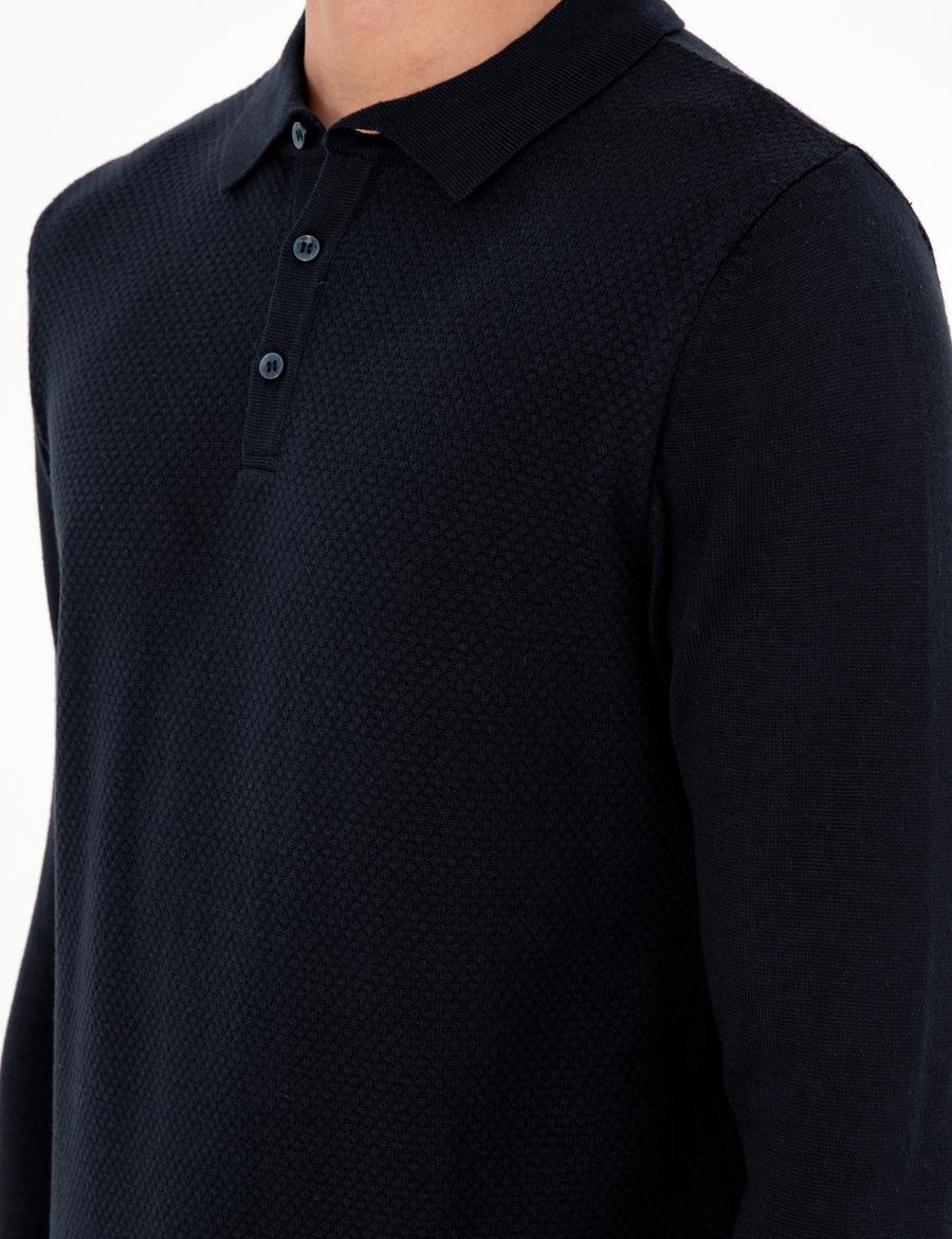 Lacivert Slim Fit Düğmeli Polo Yaka Triko Kazak