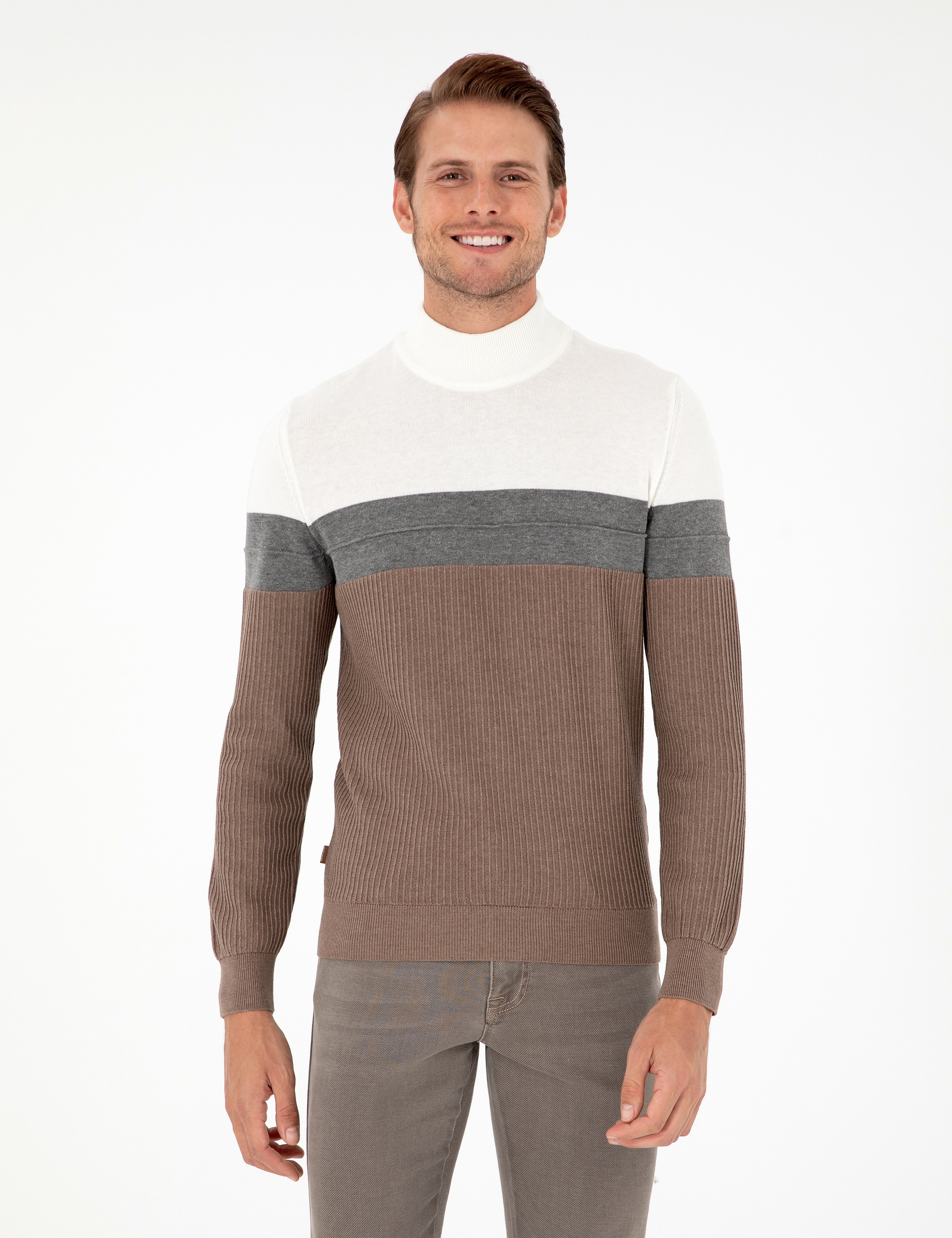 Vizon Melanj Slim Fit Yarım Balıkçı Yaka Triko Kazak - Image 1
