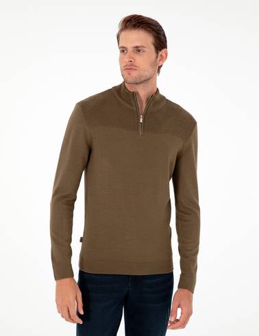 Koyu Haki Slim Fit Fermuarlı Dik Yaka Triko Kazak
